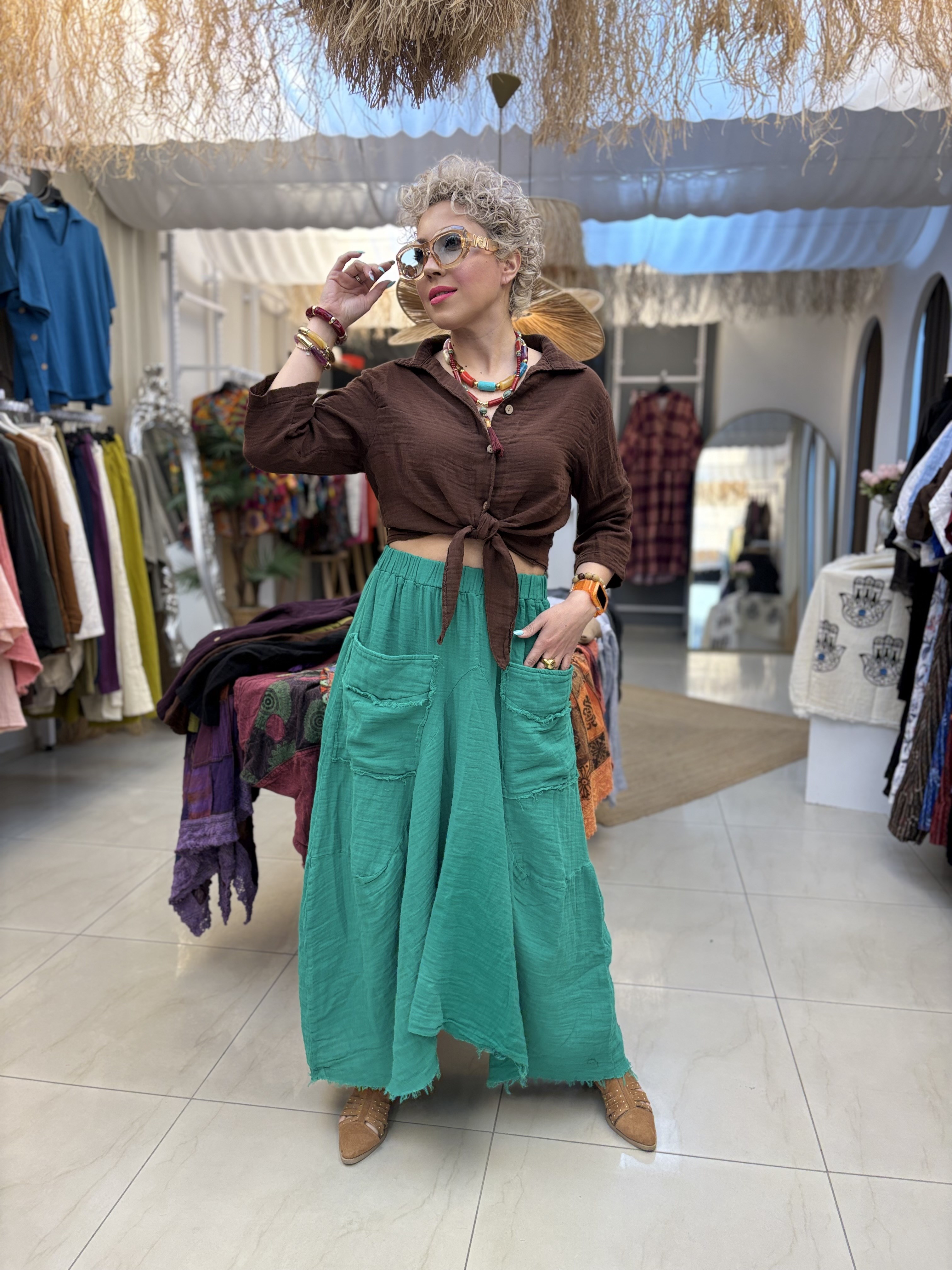 Müslin Yeşil Şalvar Etek