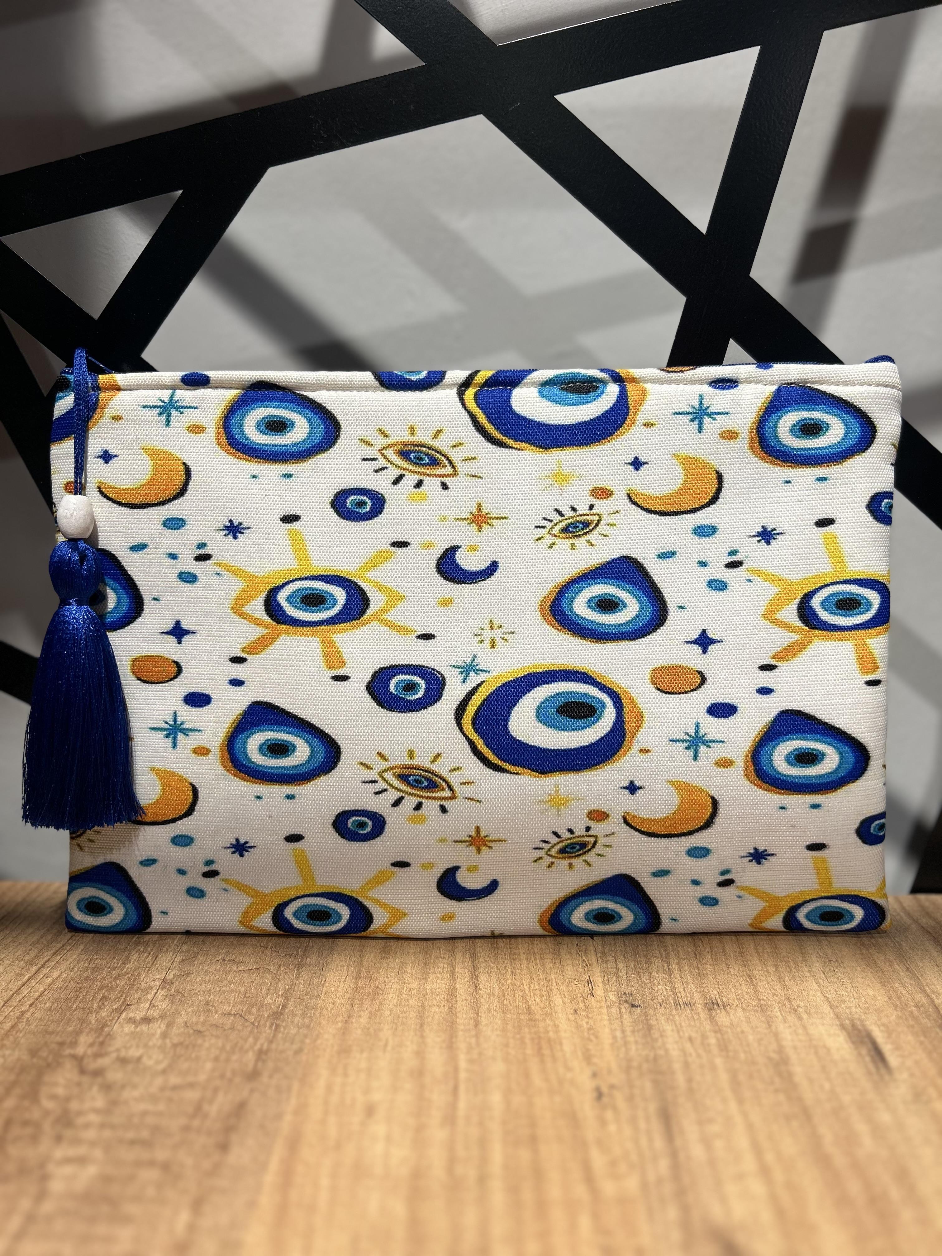 Nazar Boncuklu Beyaz Clutch Çanta
