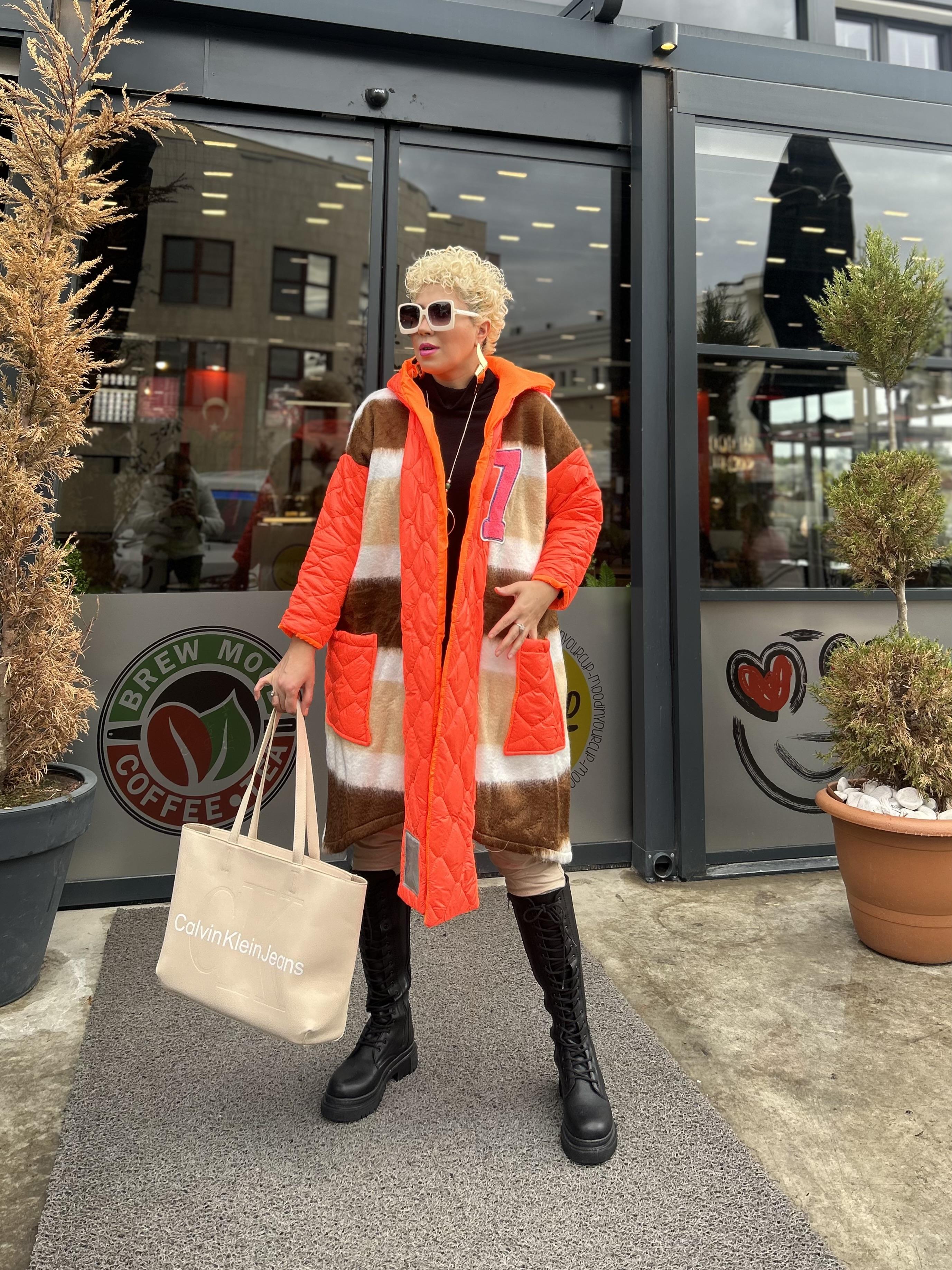 Neon Turuncu Patchwork İthal Kaban