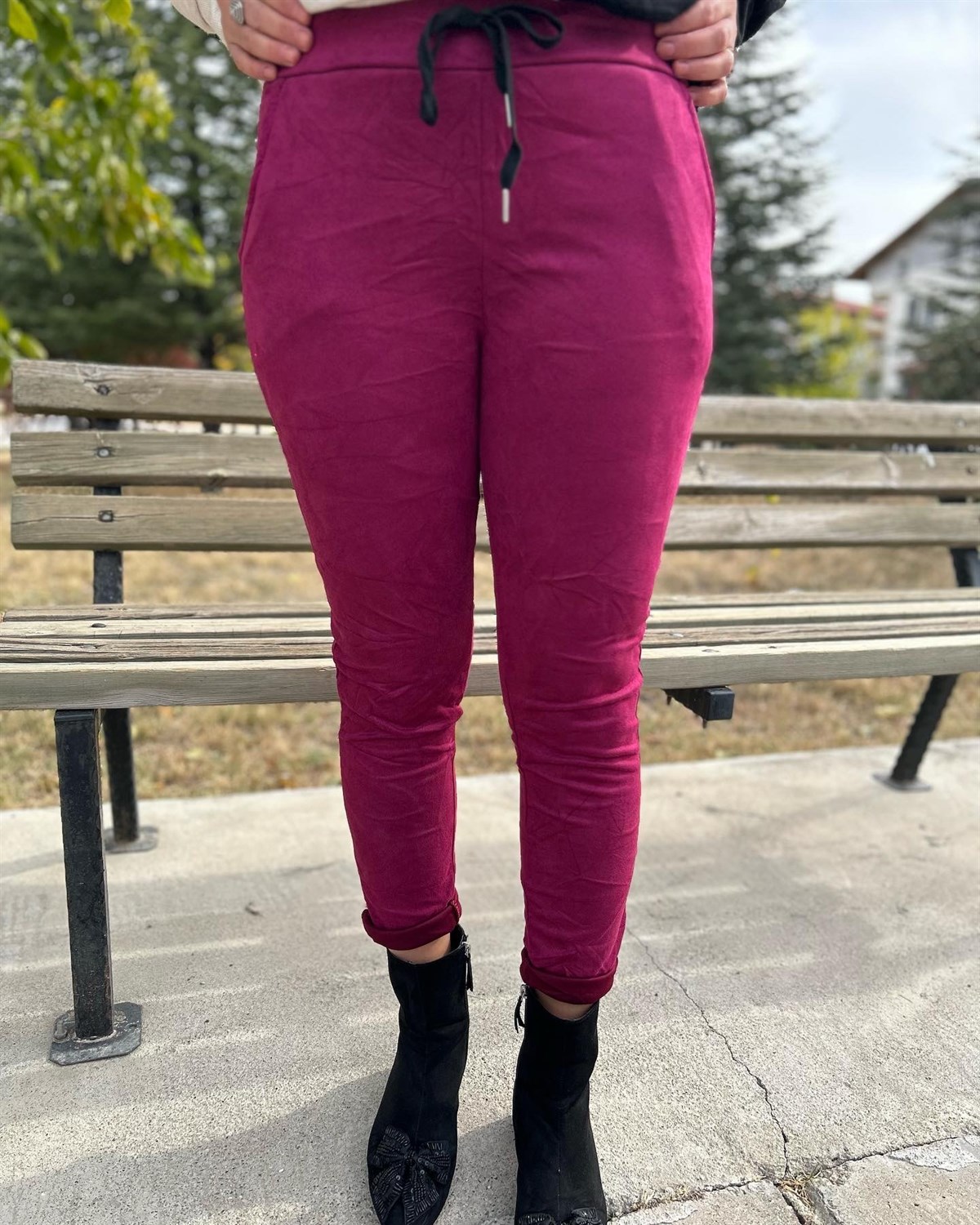 Nubuk Bordo Renk İtalyan Sihirli  Pantalon 