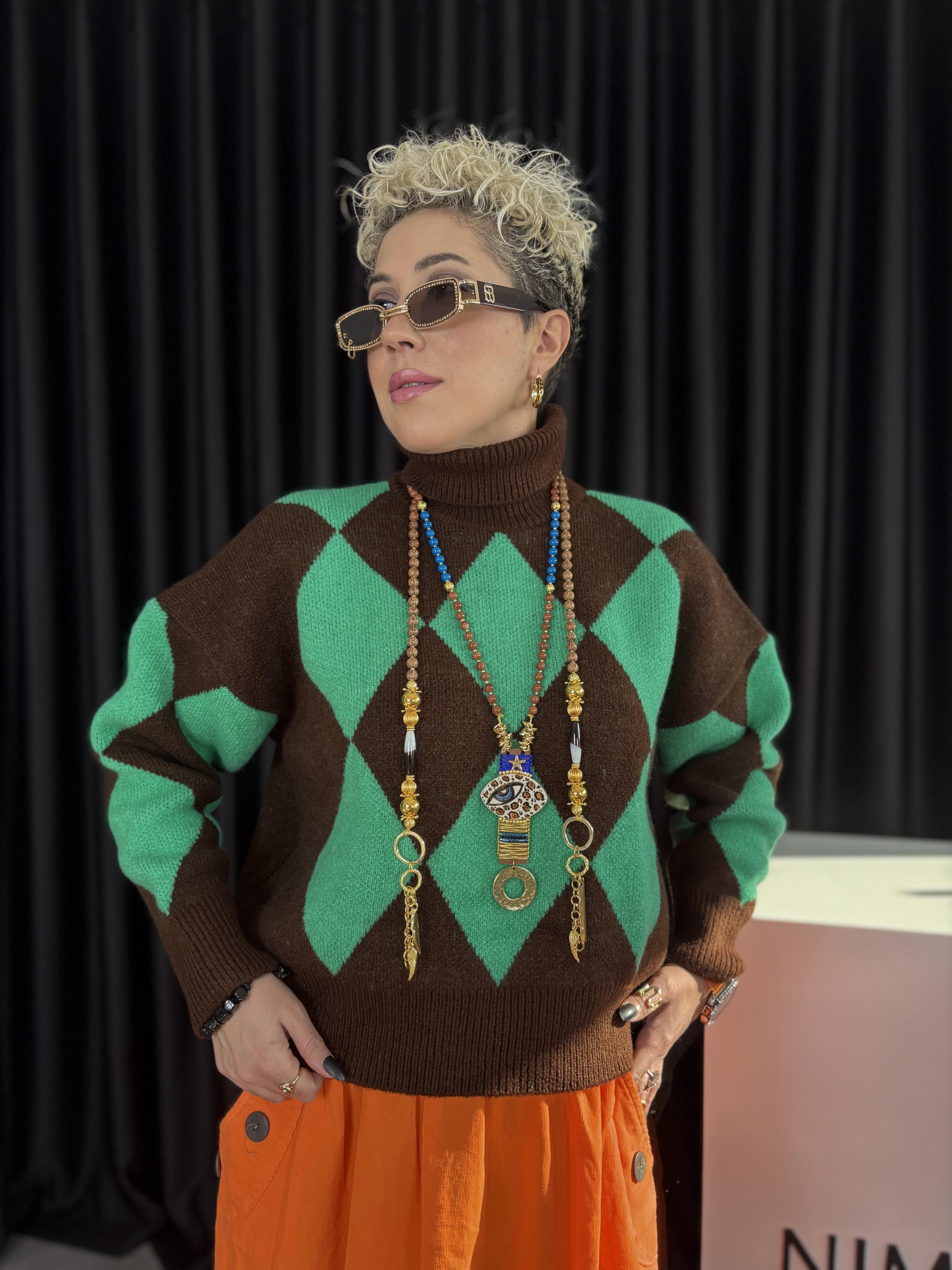 Orjinal Marka Baklava Desenli Boğazlı Yeşil Kazak