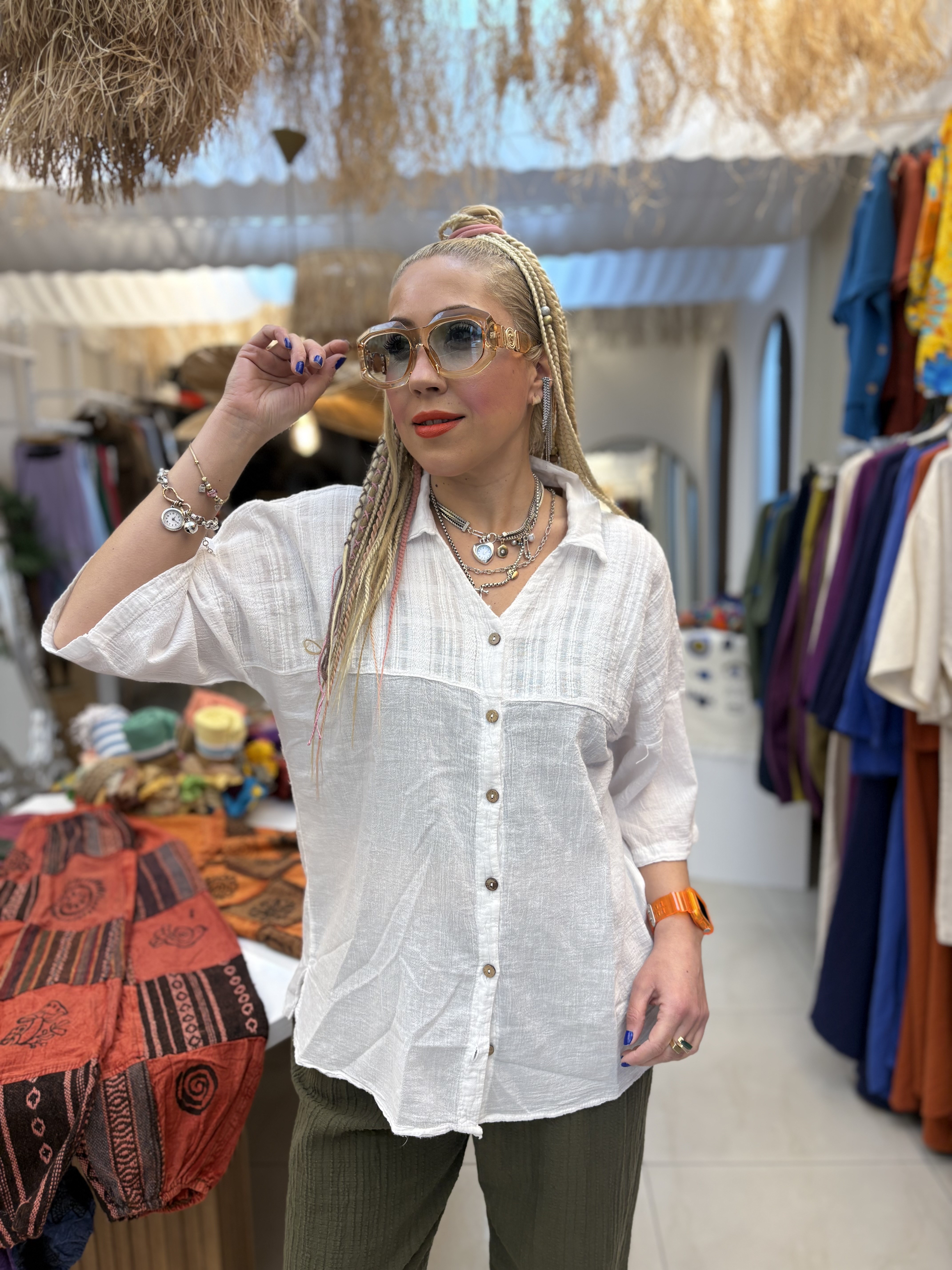 Pamuk Keten Ada Model Beyaz Gömlek