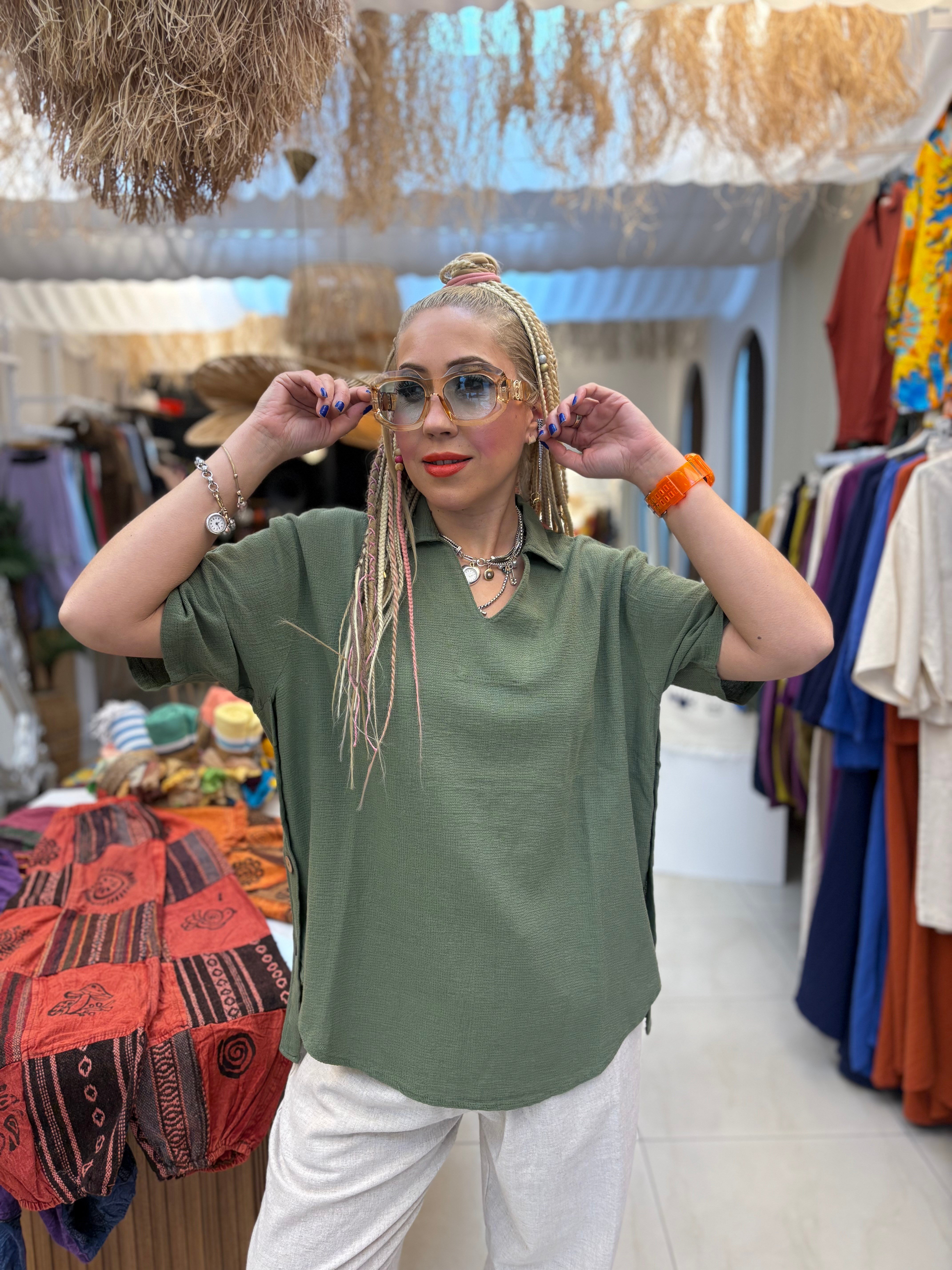 Pamuk Keten Ayla Model Haki Bluz