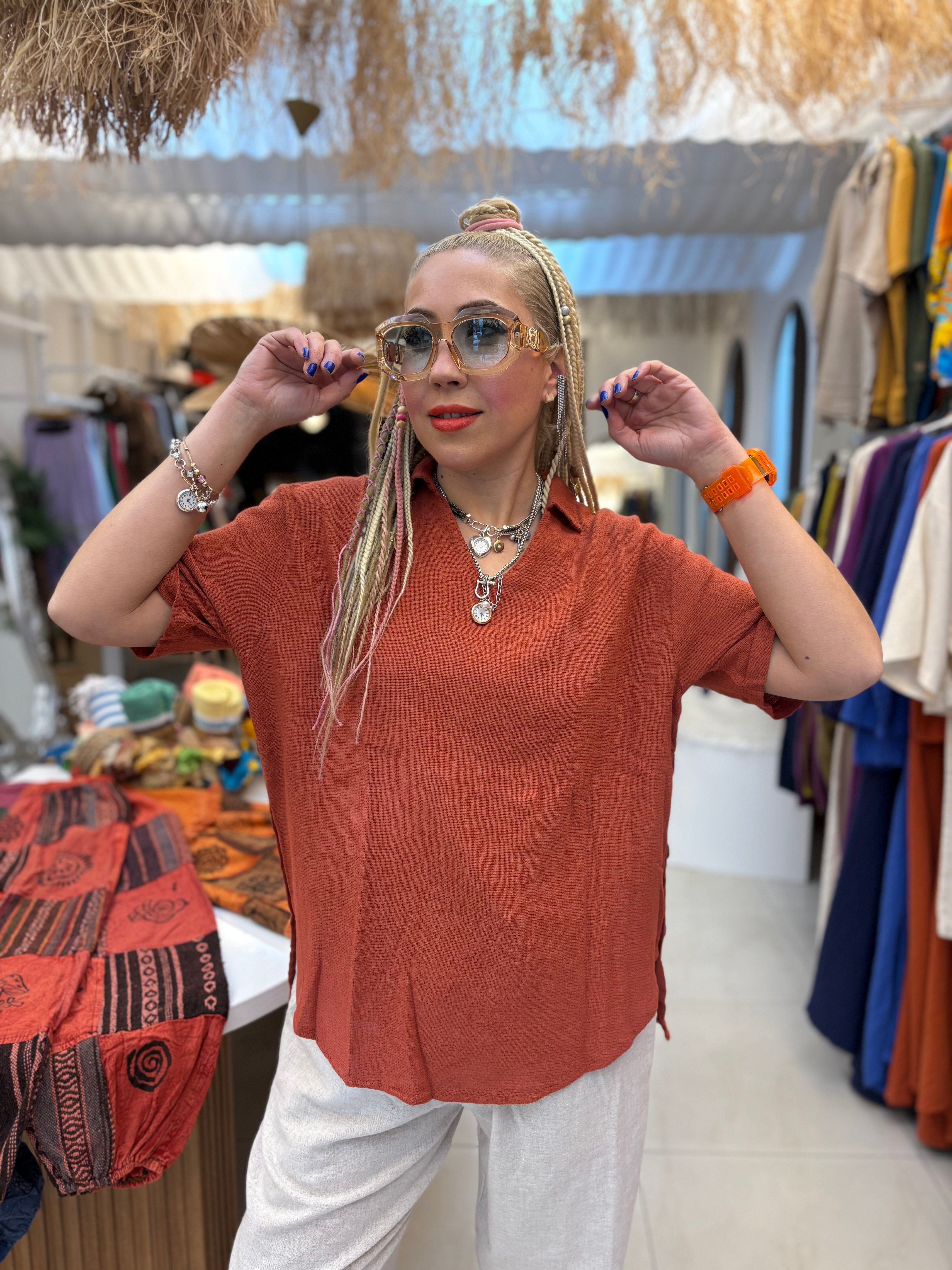 Pamuk Keten Ayla Model Kiremit Bluz