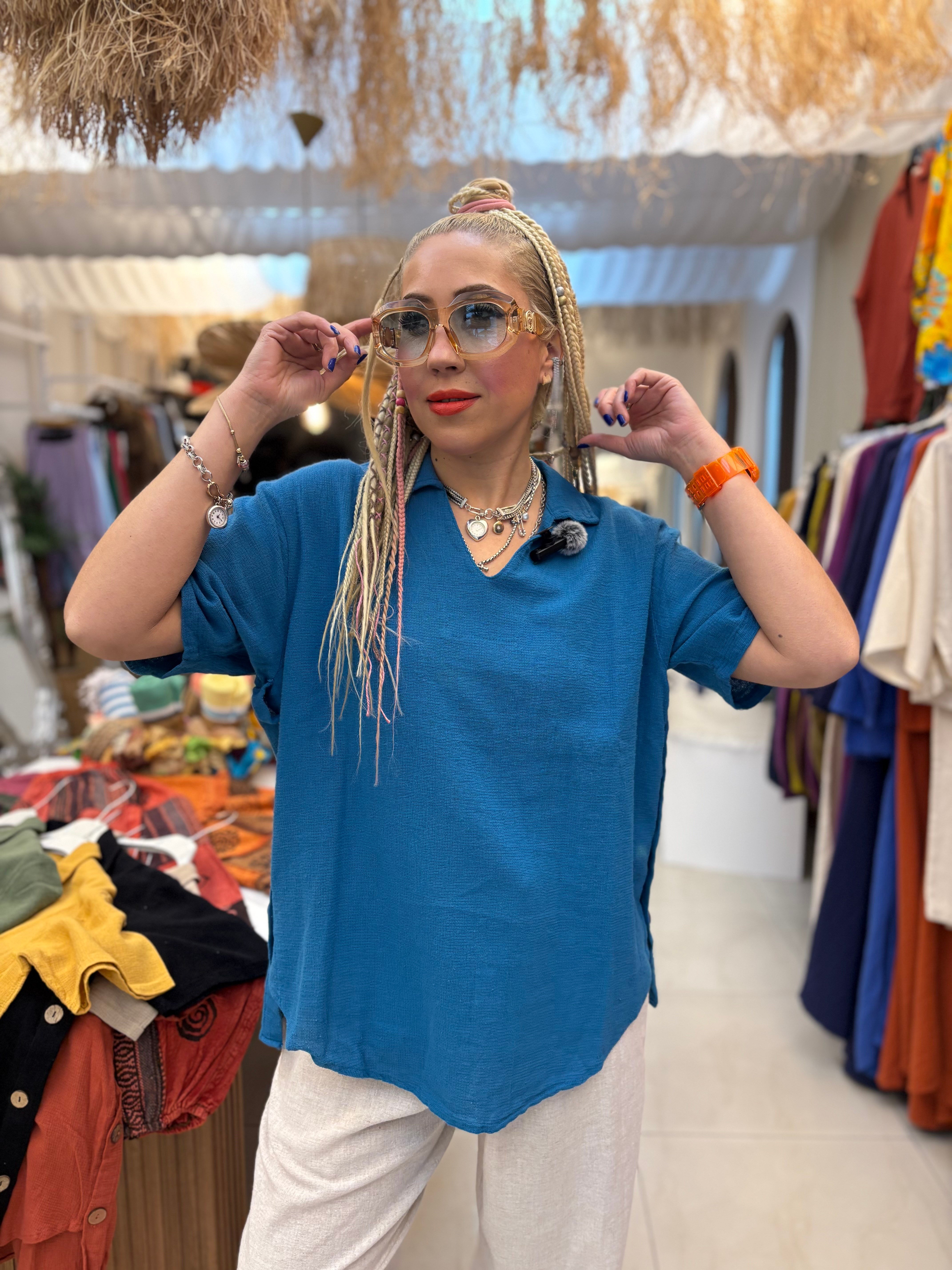 Pamuk Keten Ayla Model Mavi Bluz