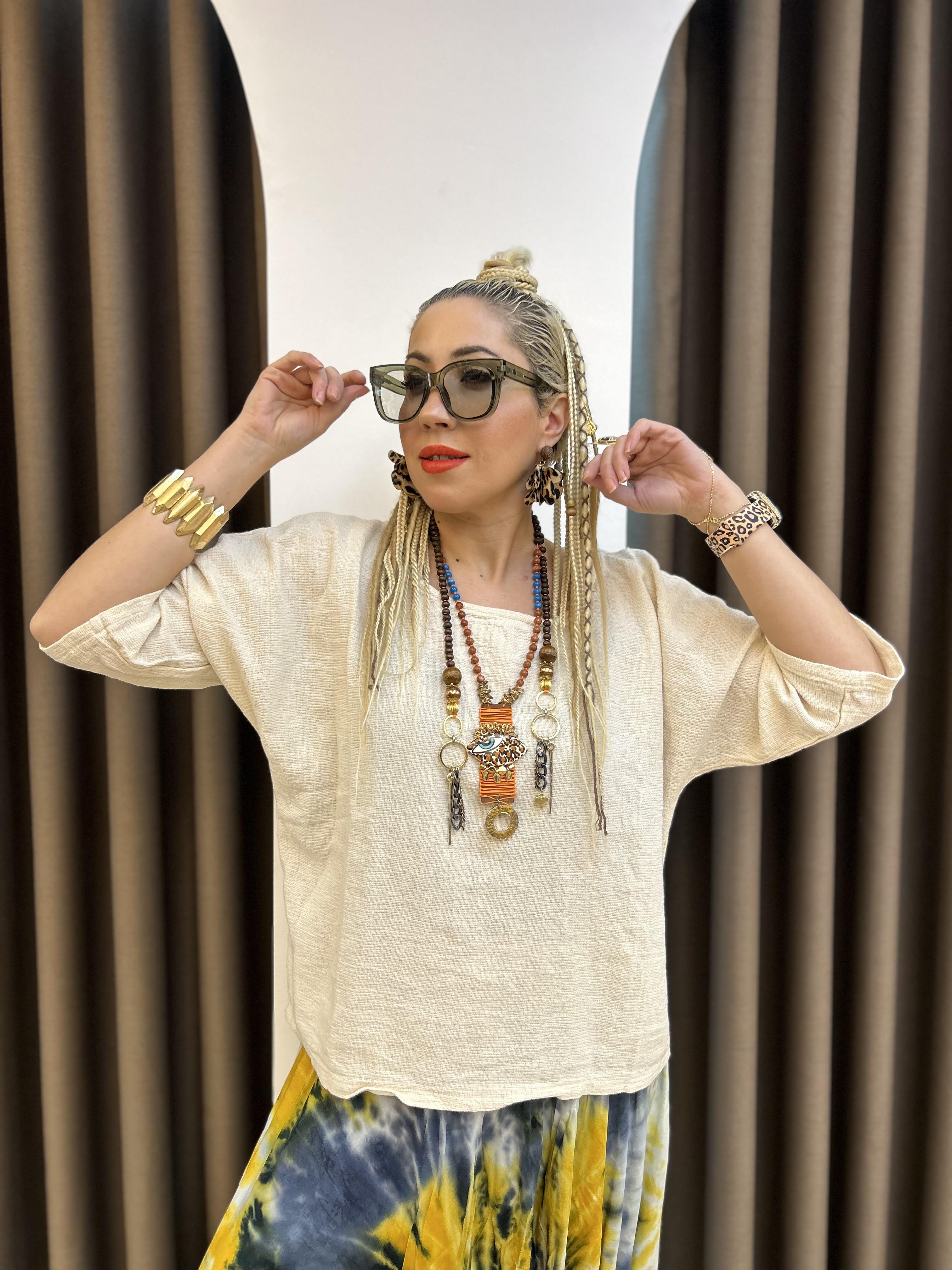 Pamuk Keten Krem Yarasa Bluz