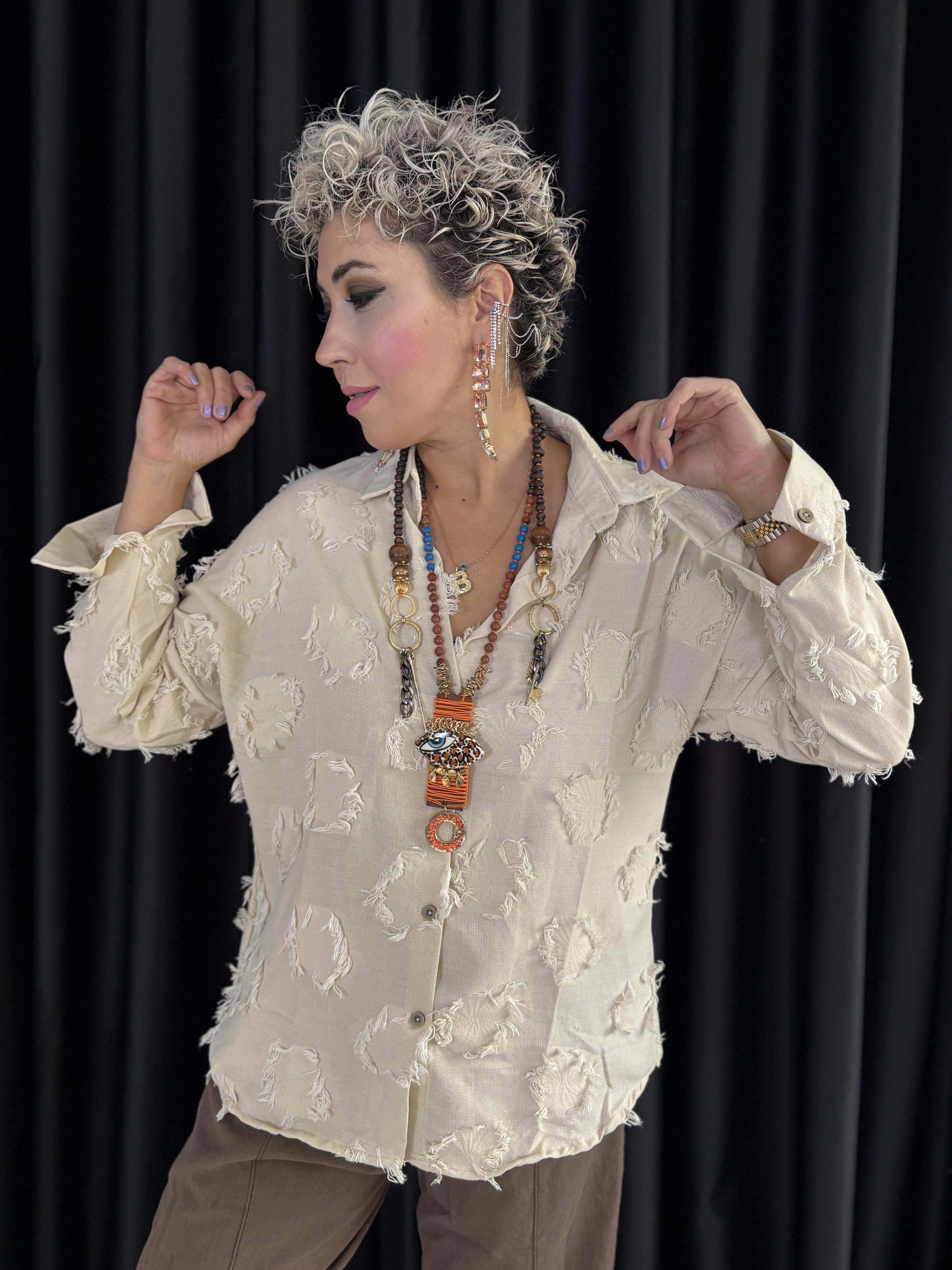 Pamuklu Özel Dokuma Krem Gömlek