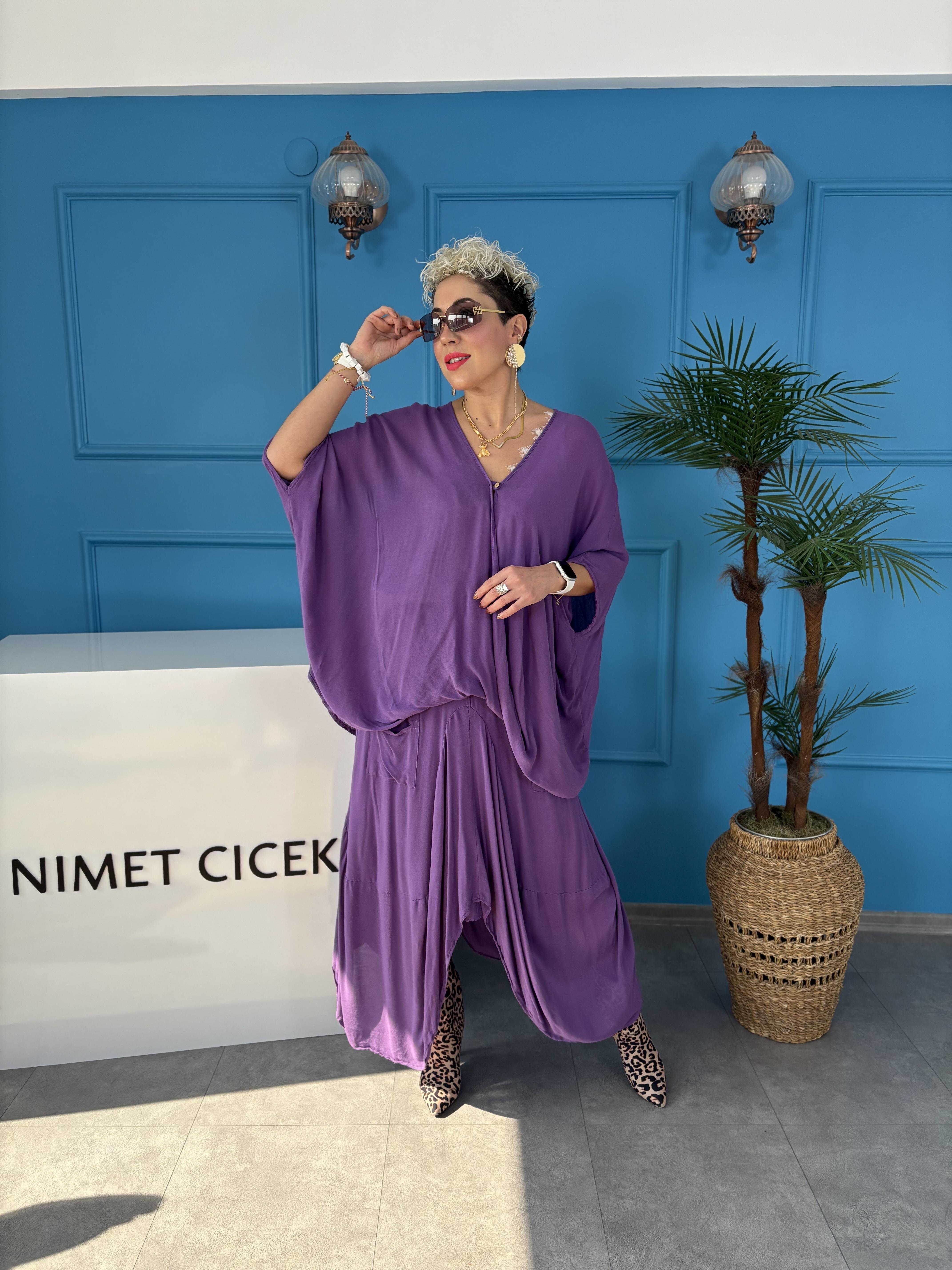 Pamuklu Şalvar Etekli Mor Salaş Takım