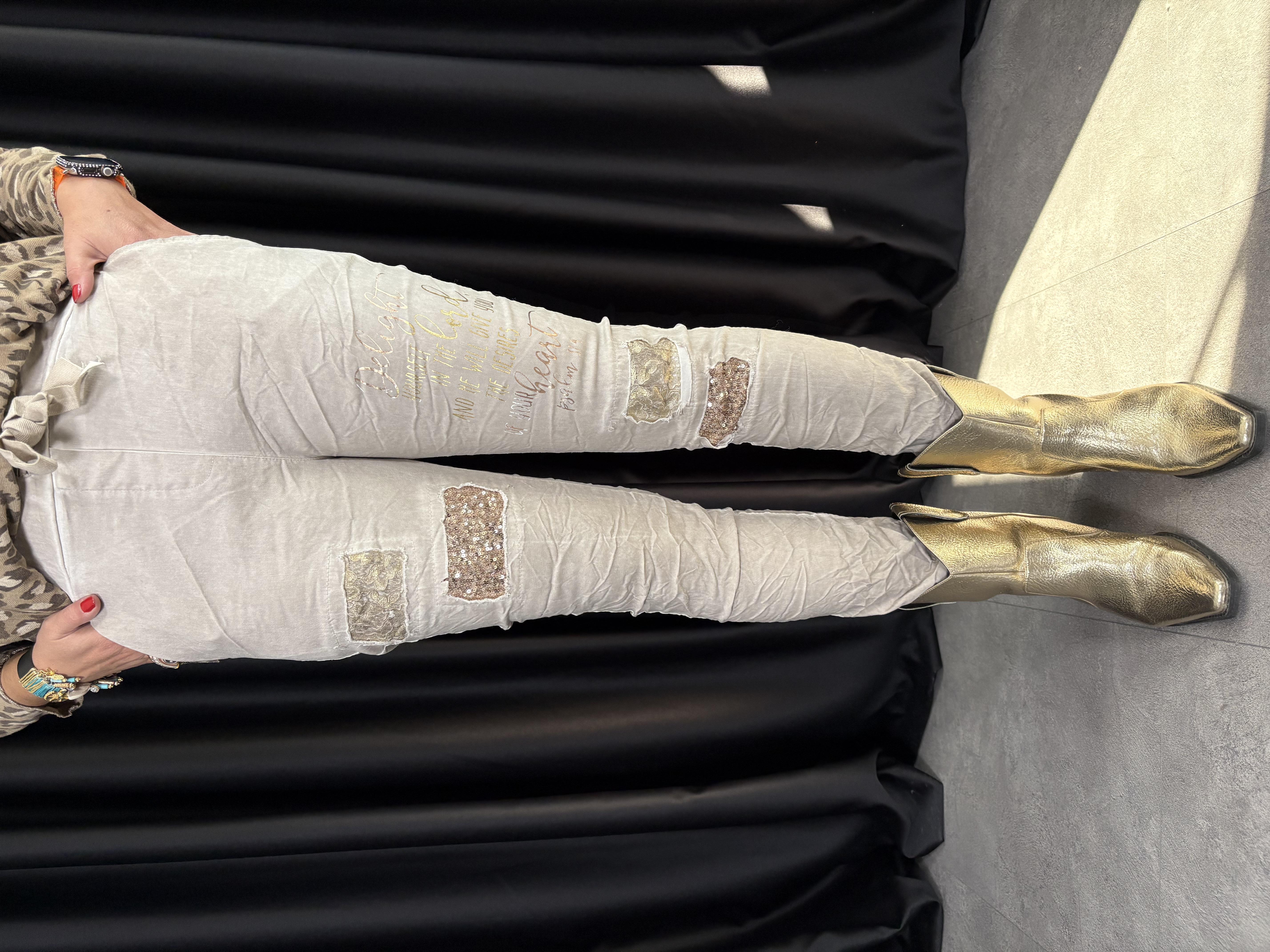 Payetli Yıkamalı Kumaş İtalyan Bej Pantolon