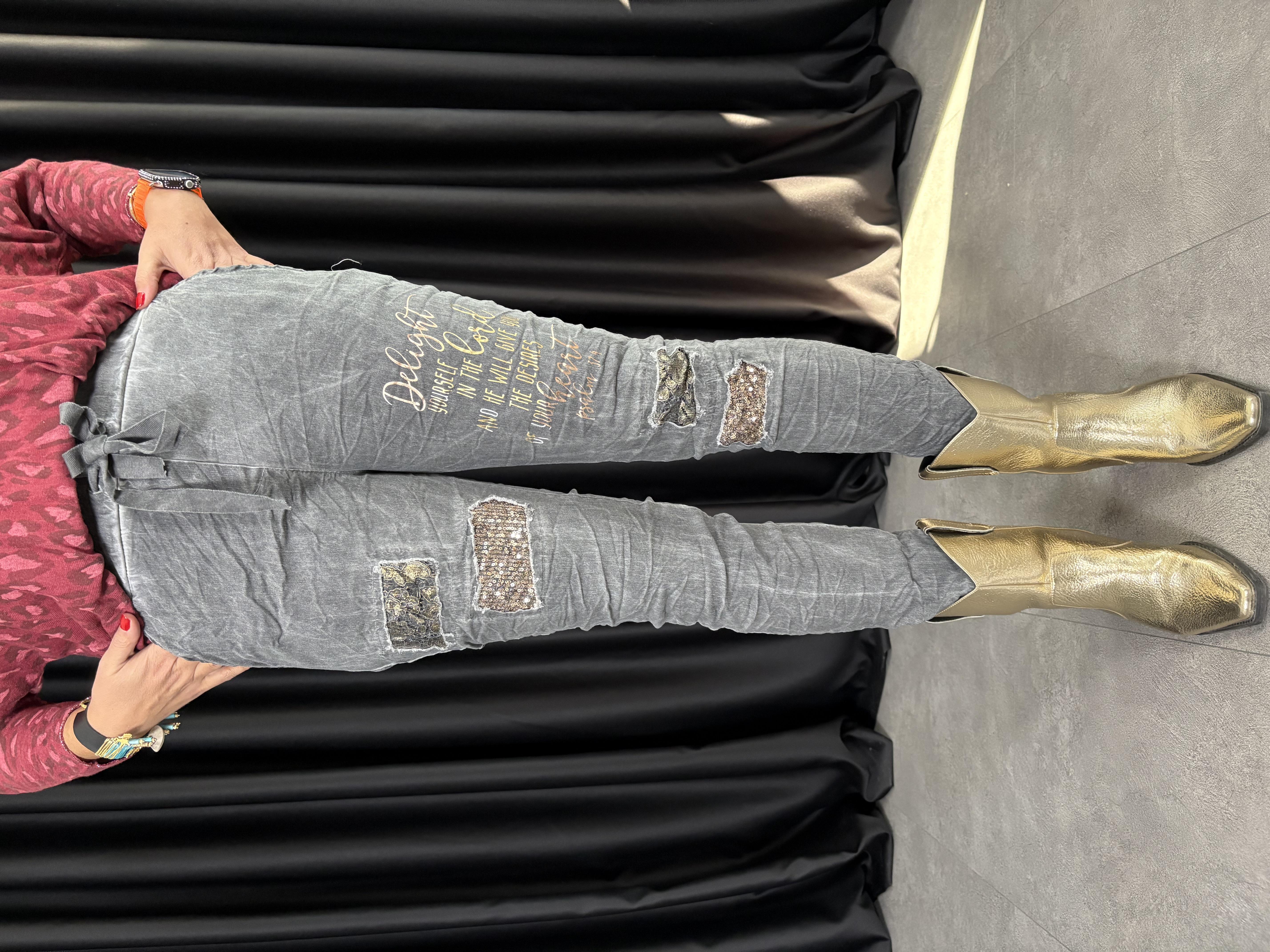 Payetli Yıkamalı Kumaş İtalyan Koyu Gri Pantolon