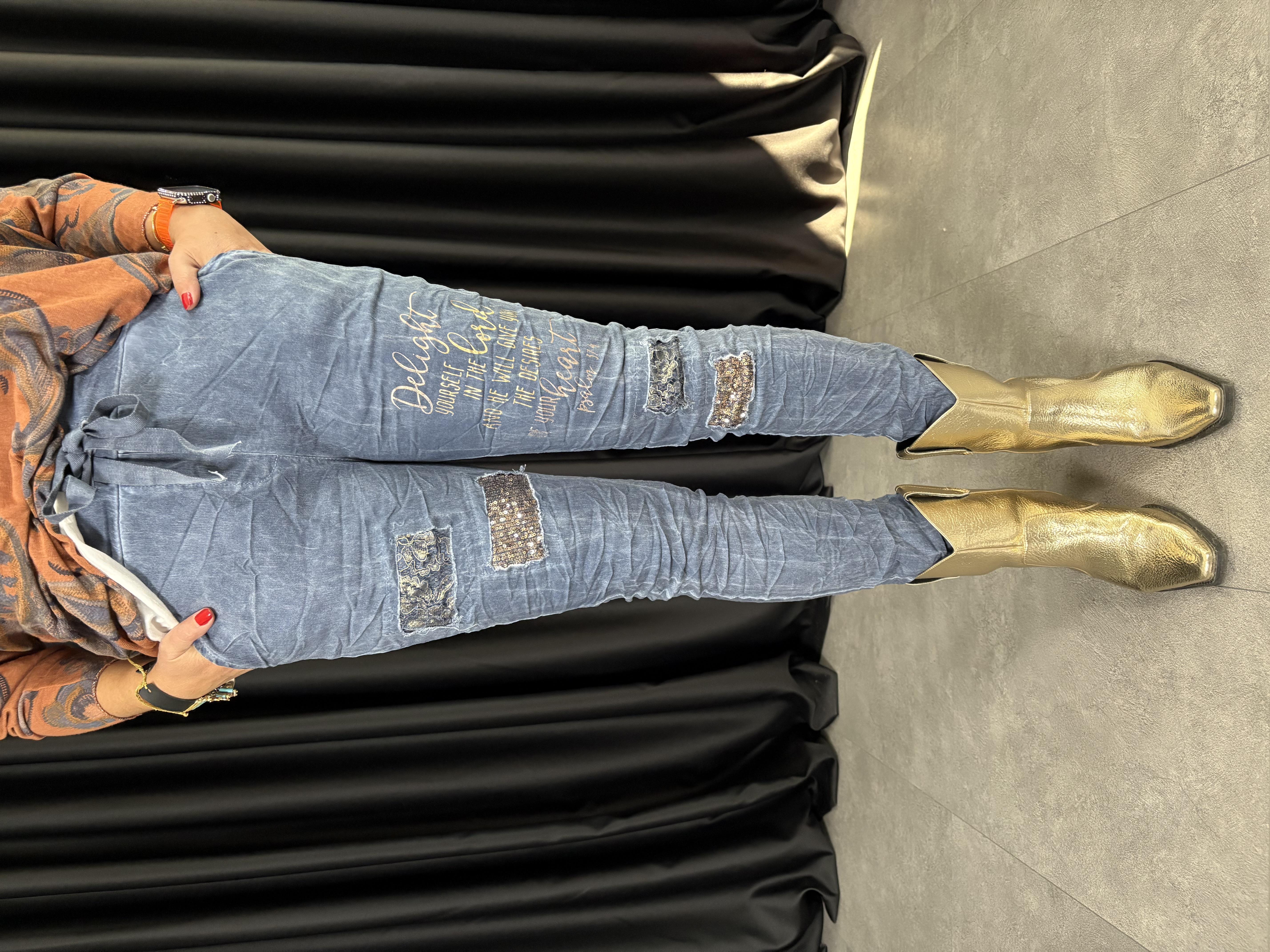 Payetli Yıkamalı Kumaş İtalyan Mavi Pantolon