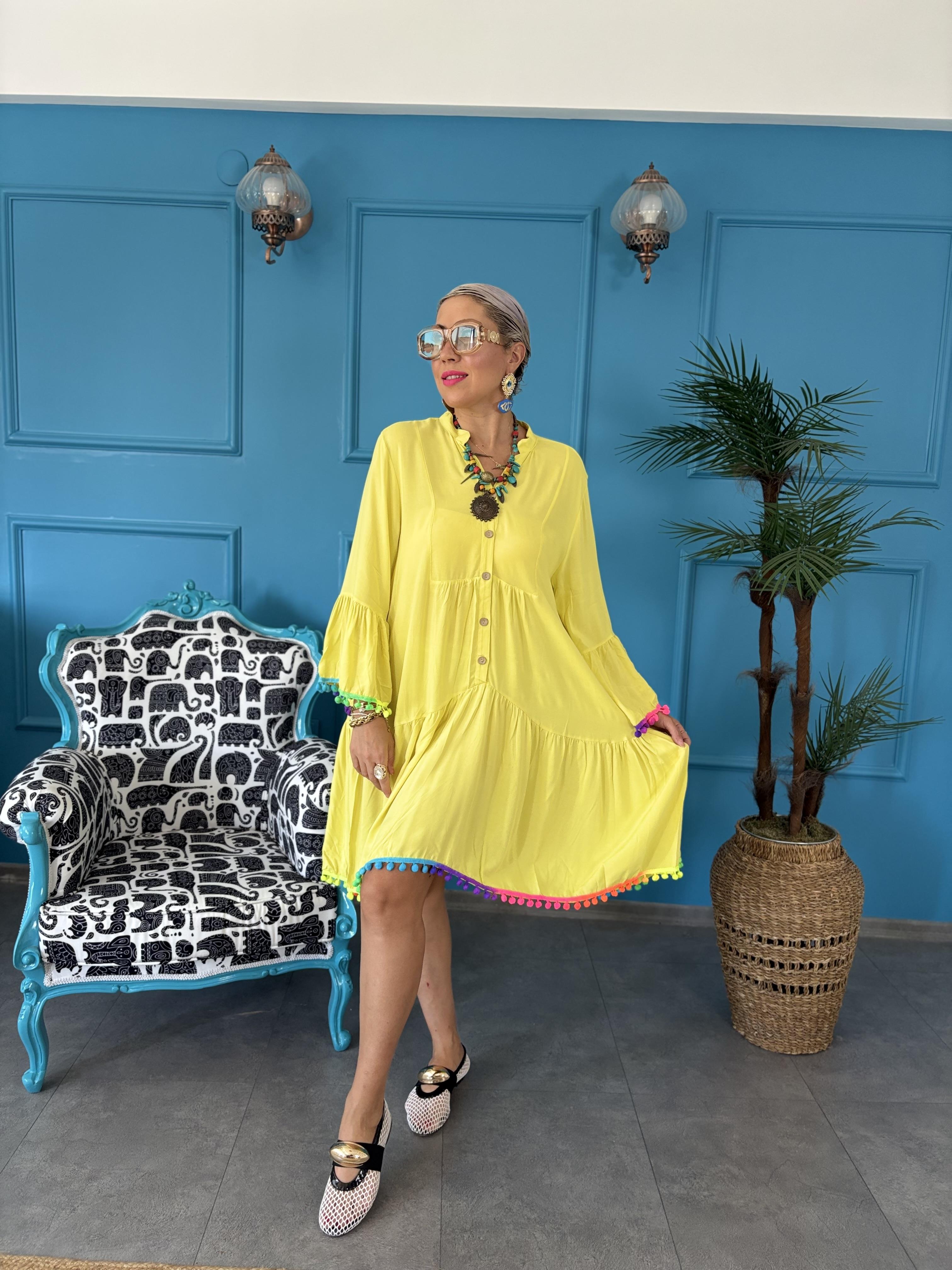 Ponponlu Sarı Elbise