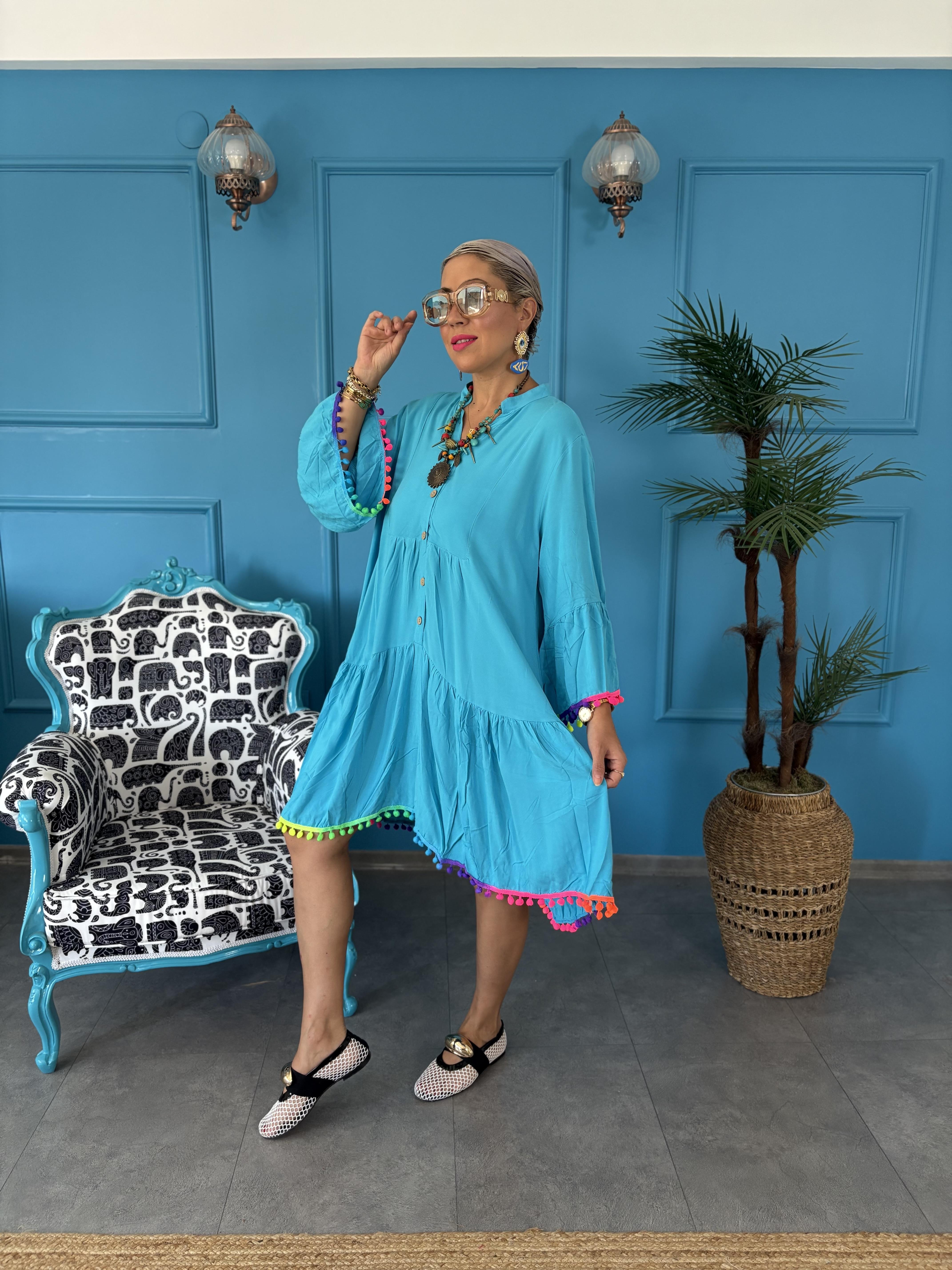 Ponponlu Turkuaz Elbise