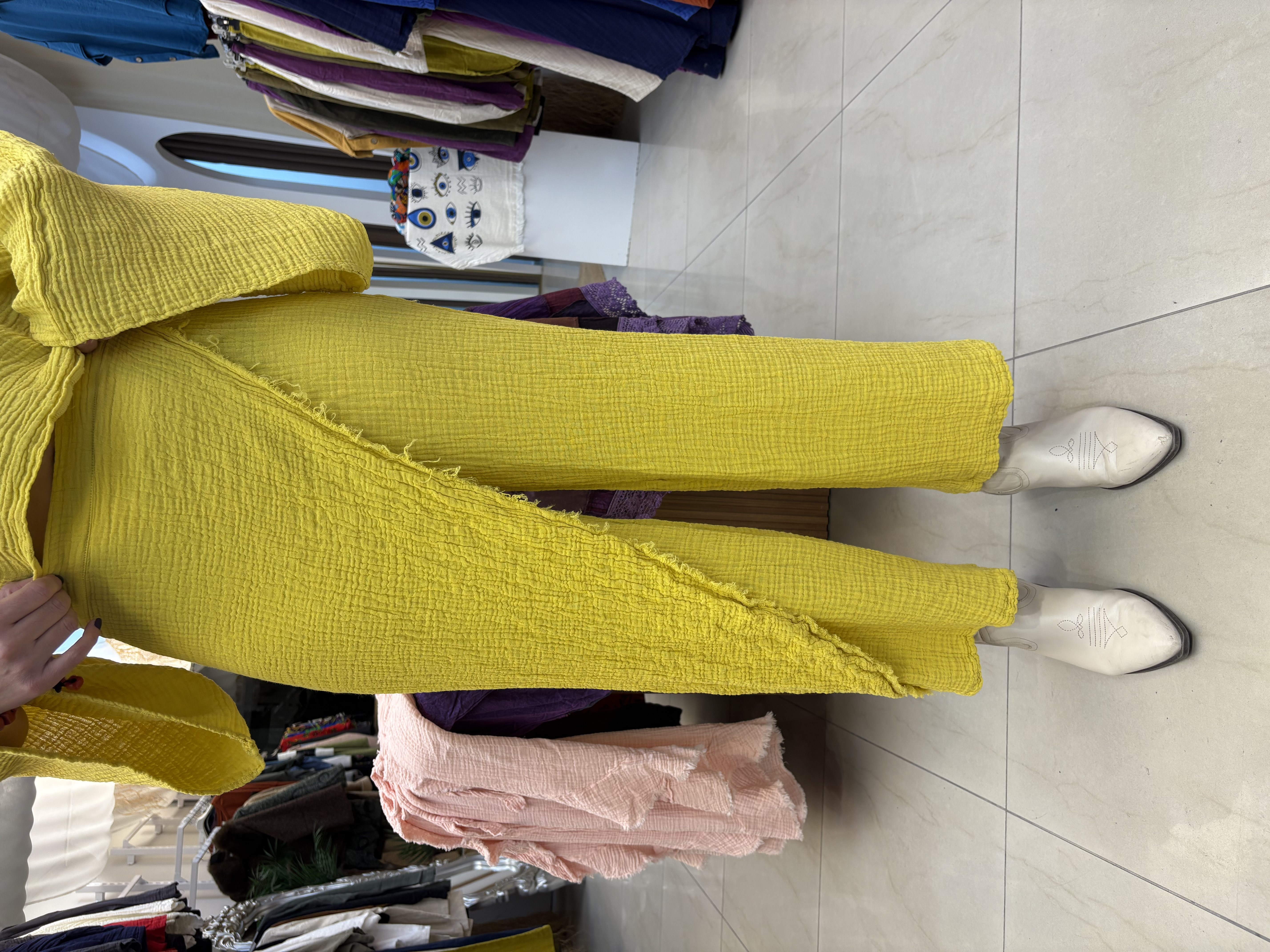 Premium Kalite Sarı Lucia Müslin Pantolon