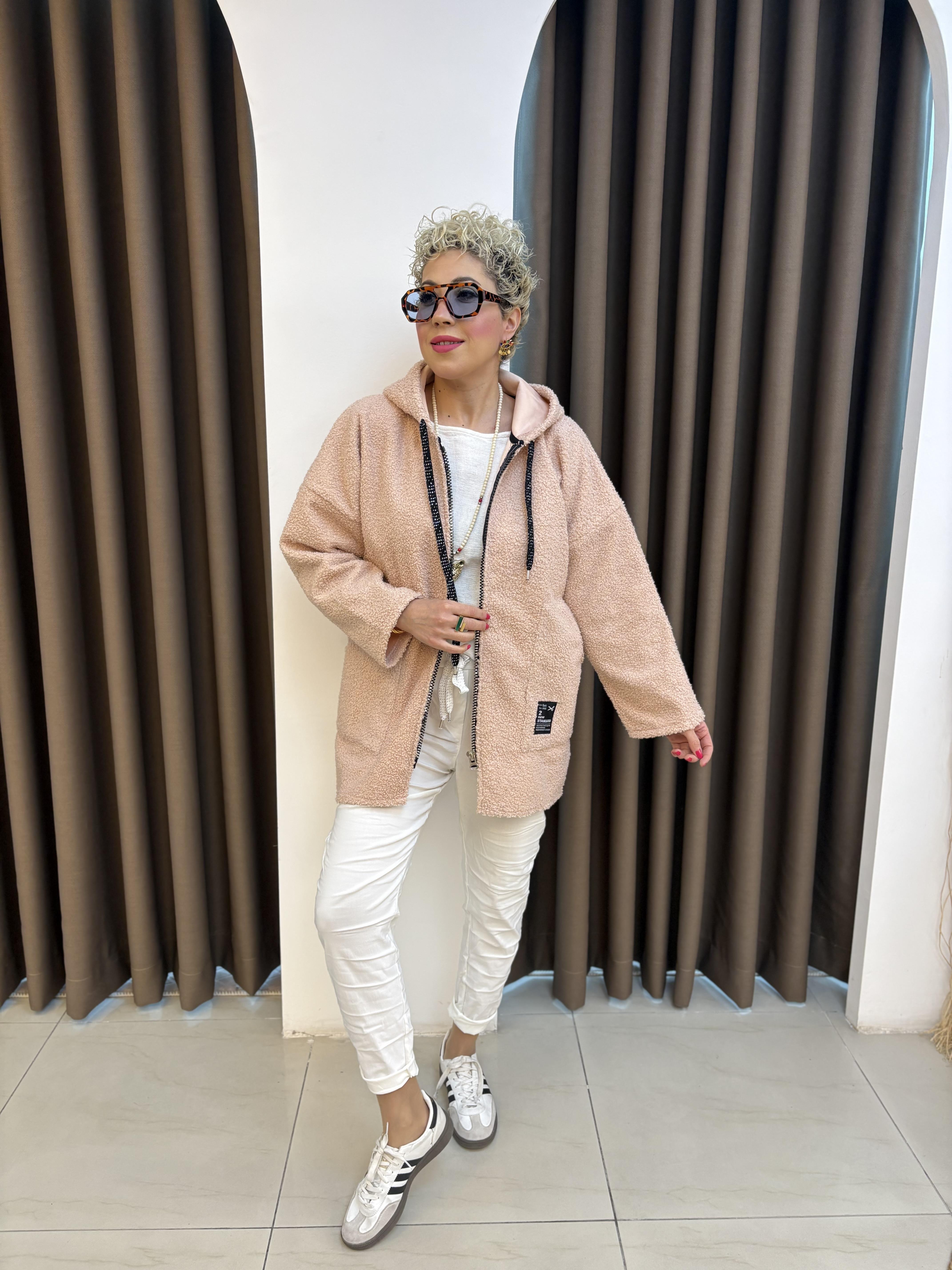 Pudra Kapşonlu Buklet Ceket