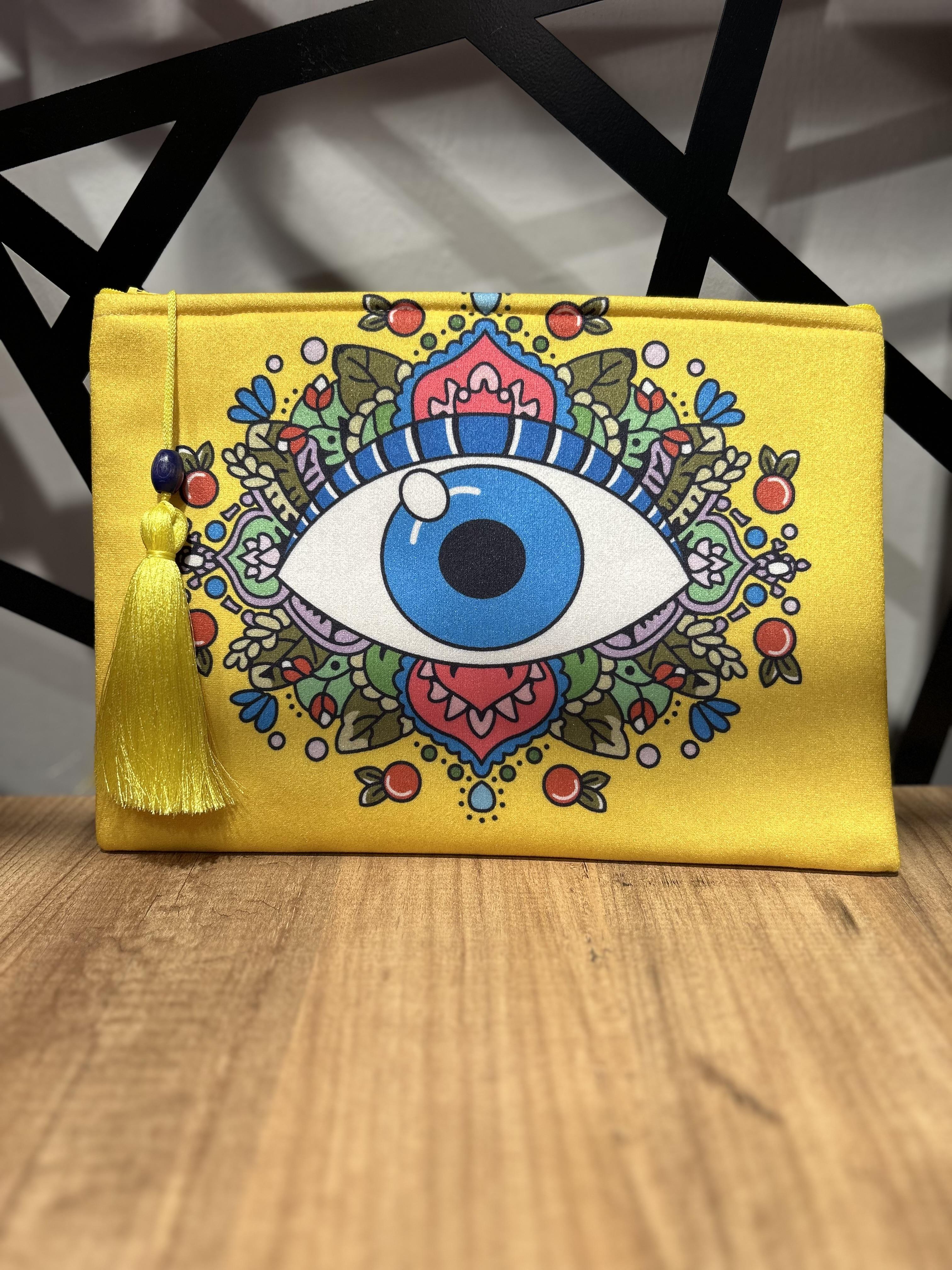 Renkli Göz Detaylı Sarı Clutch Çanta