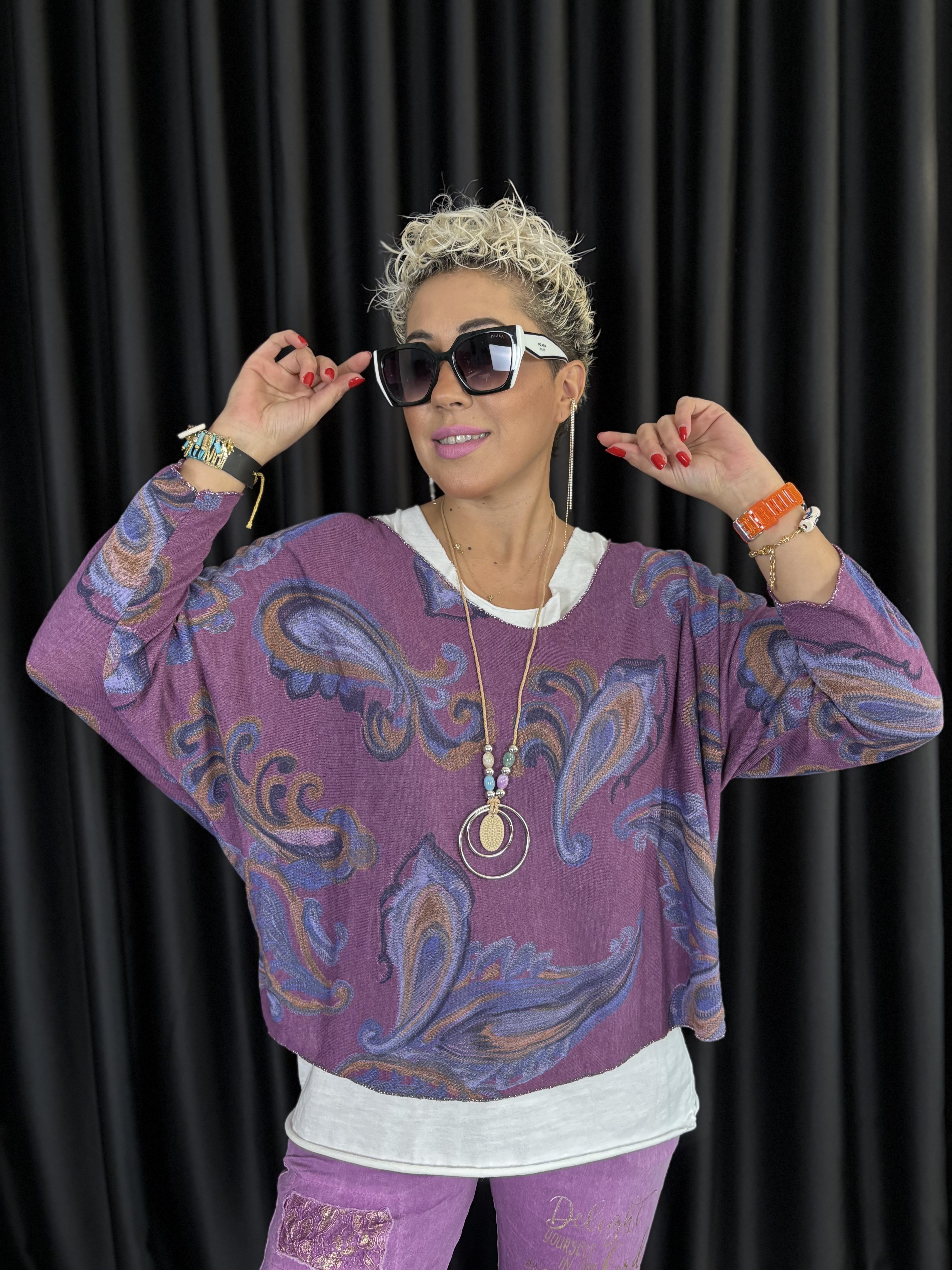 Şal Desen Kolyeli İtalyan Mor İkili Bluz