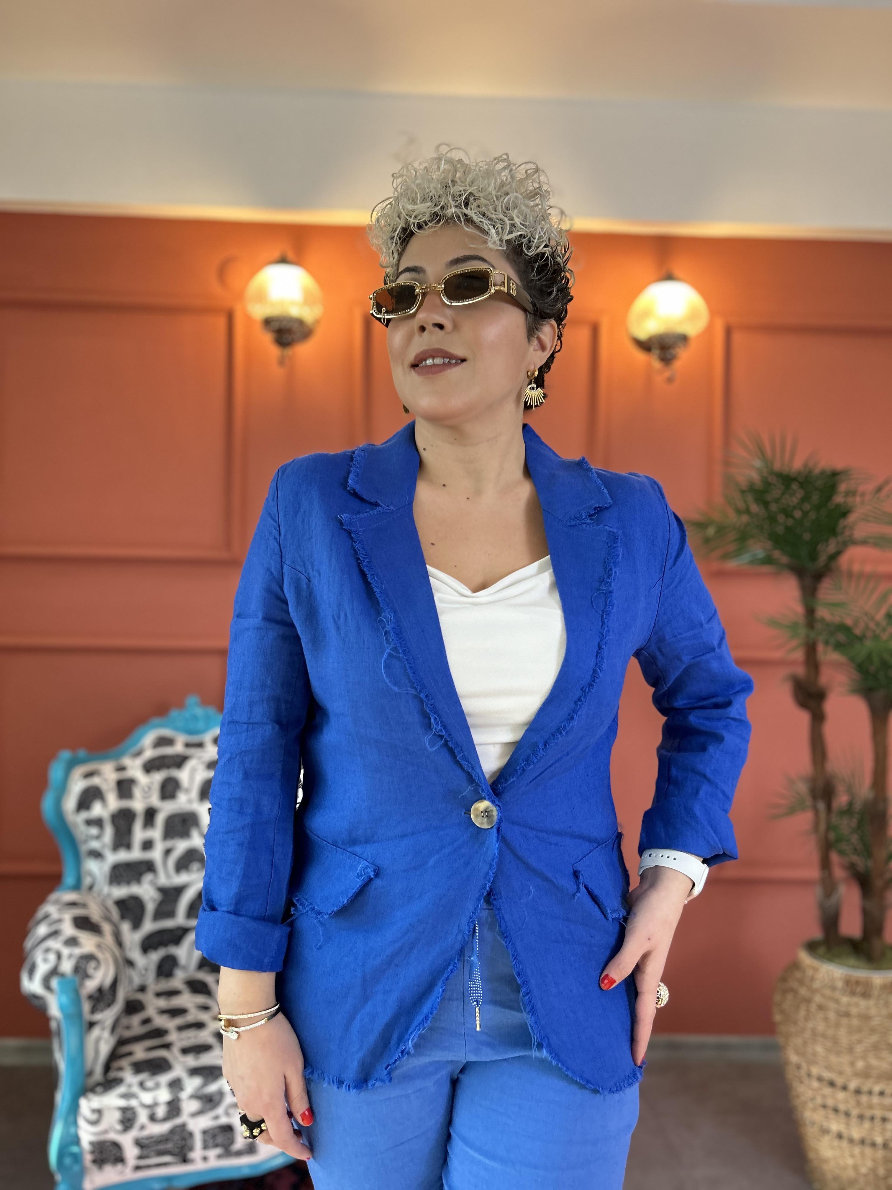 Sax Mavi İtalyan Keten Blazer Ceket