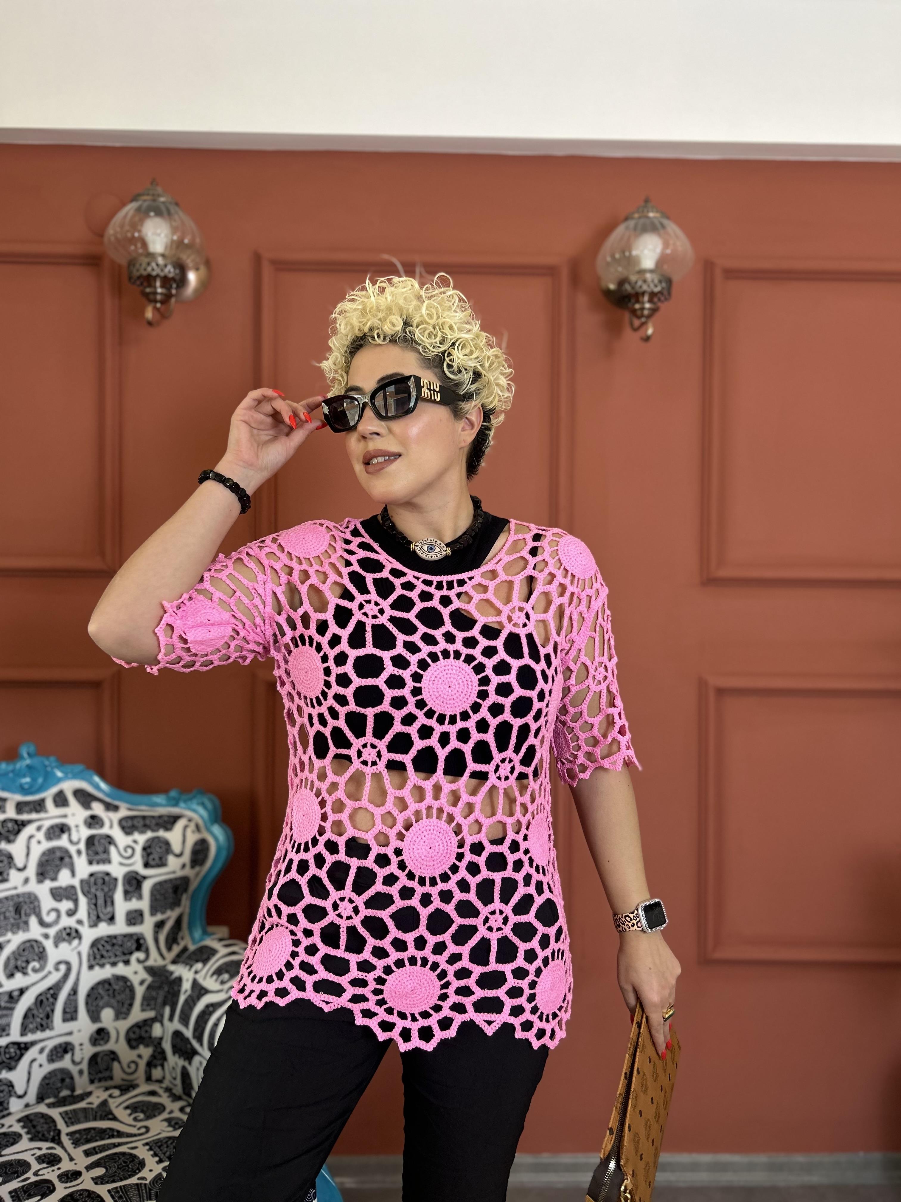 Şeker Pembe File Örgü Bluz