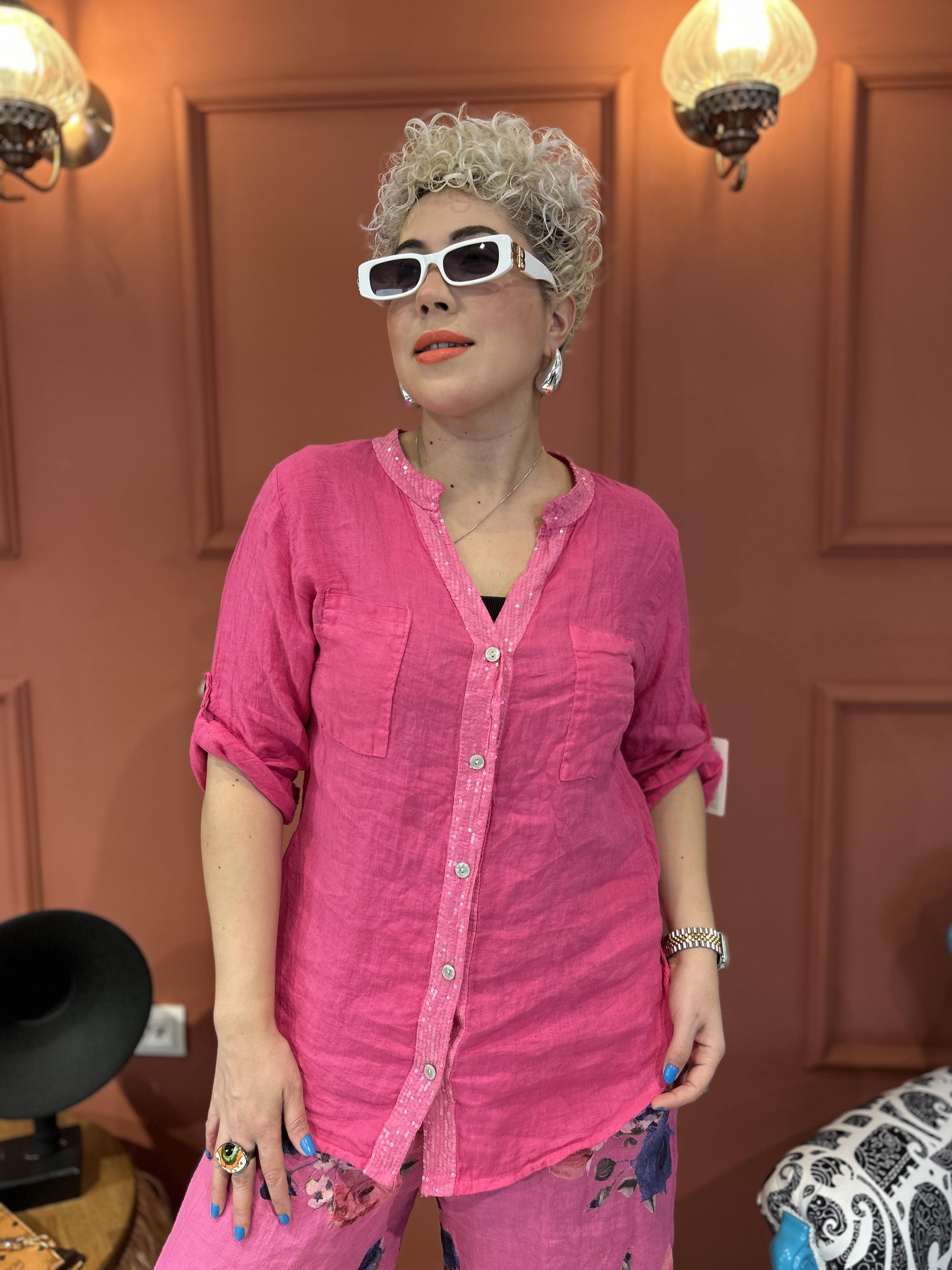 Sırt Detaylı Payet İşlemeli Ham Keten Pembe İtalyan Gömlek