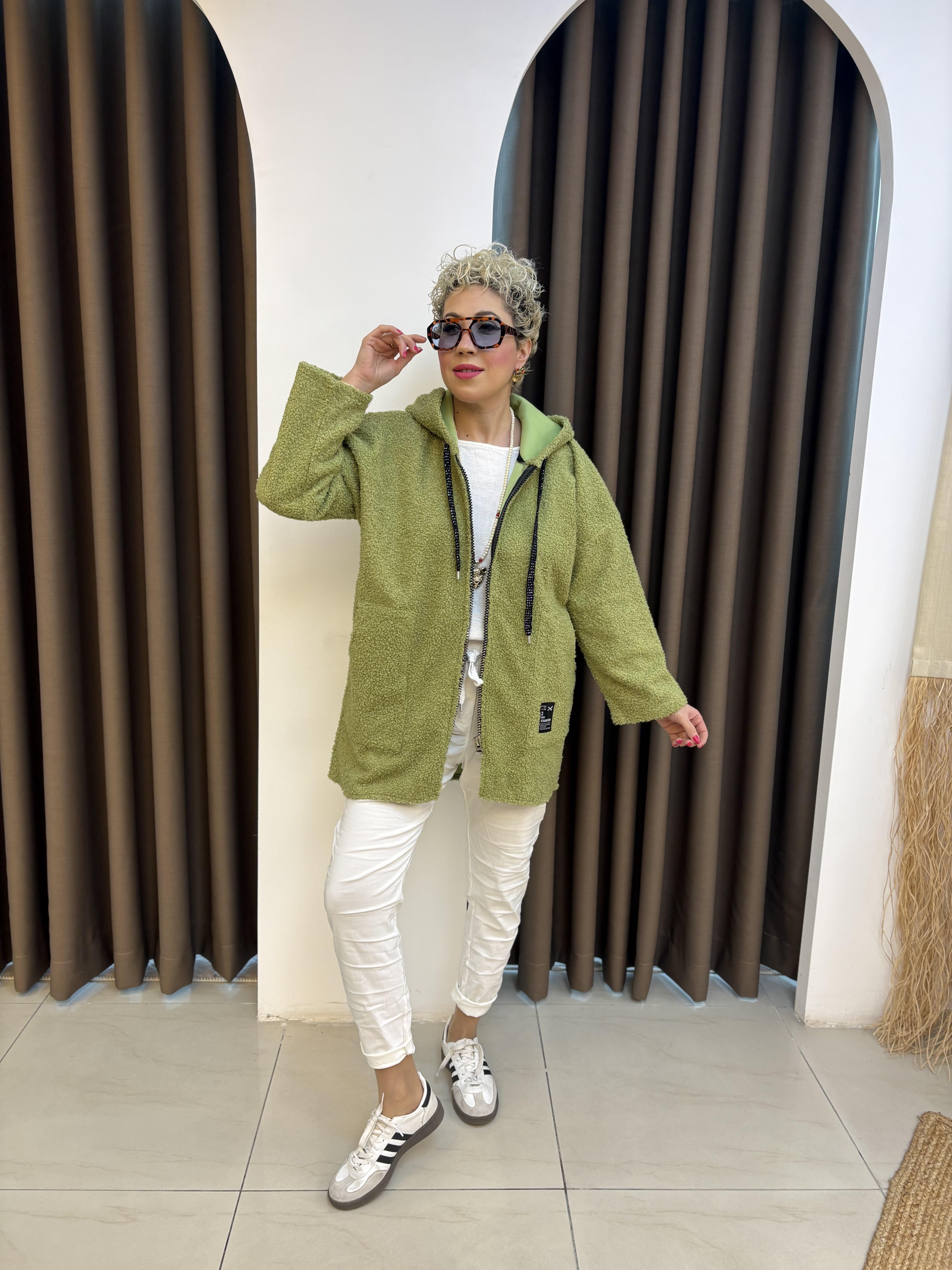 Su Yeşili Kapşonlu Buklet Ceket