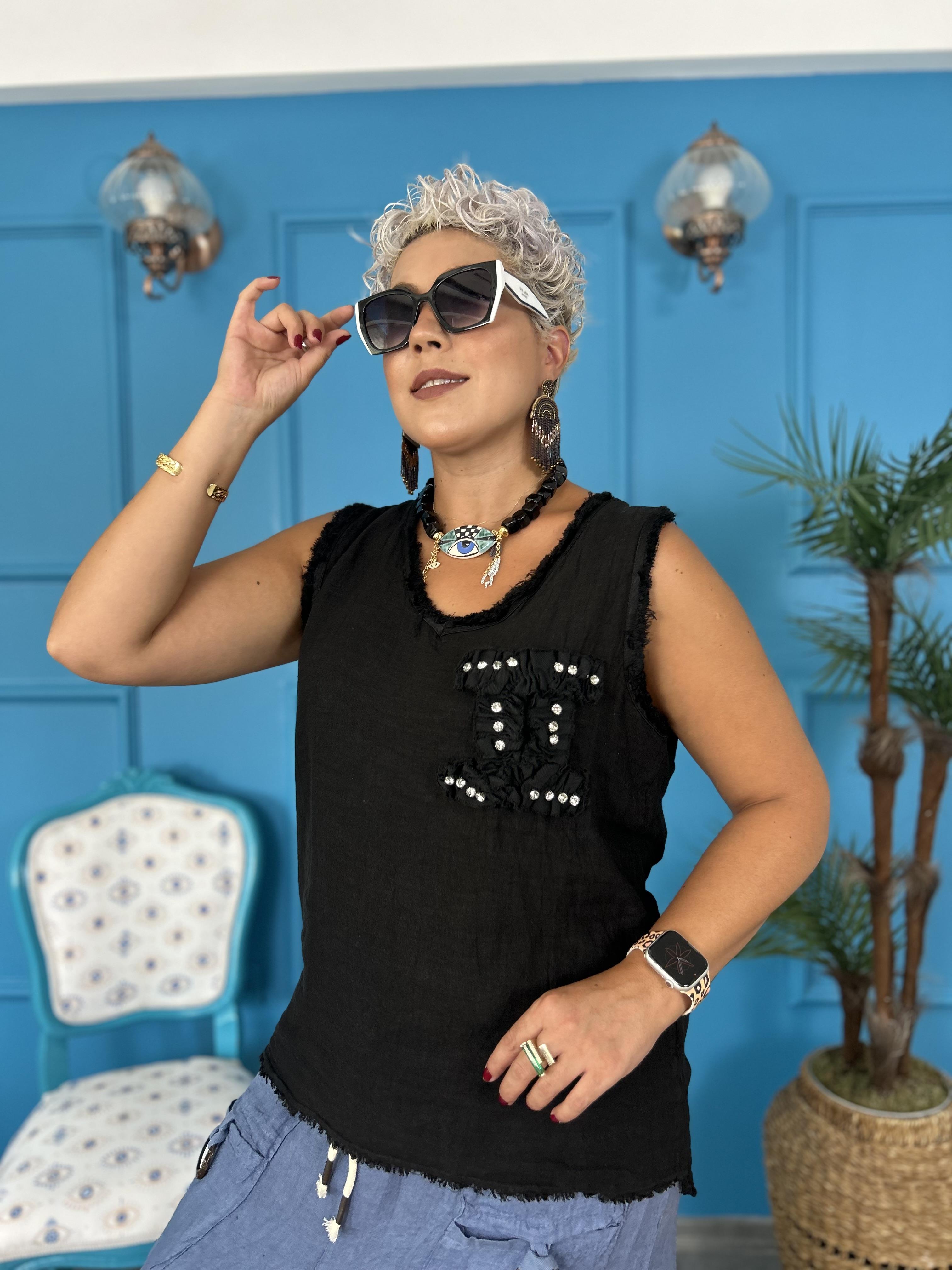 Taş İşleme Detaylı Ham Keten İtalyan Siyah Bluz