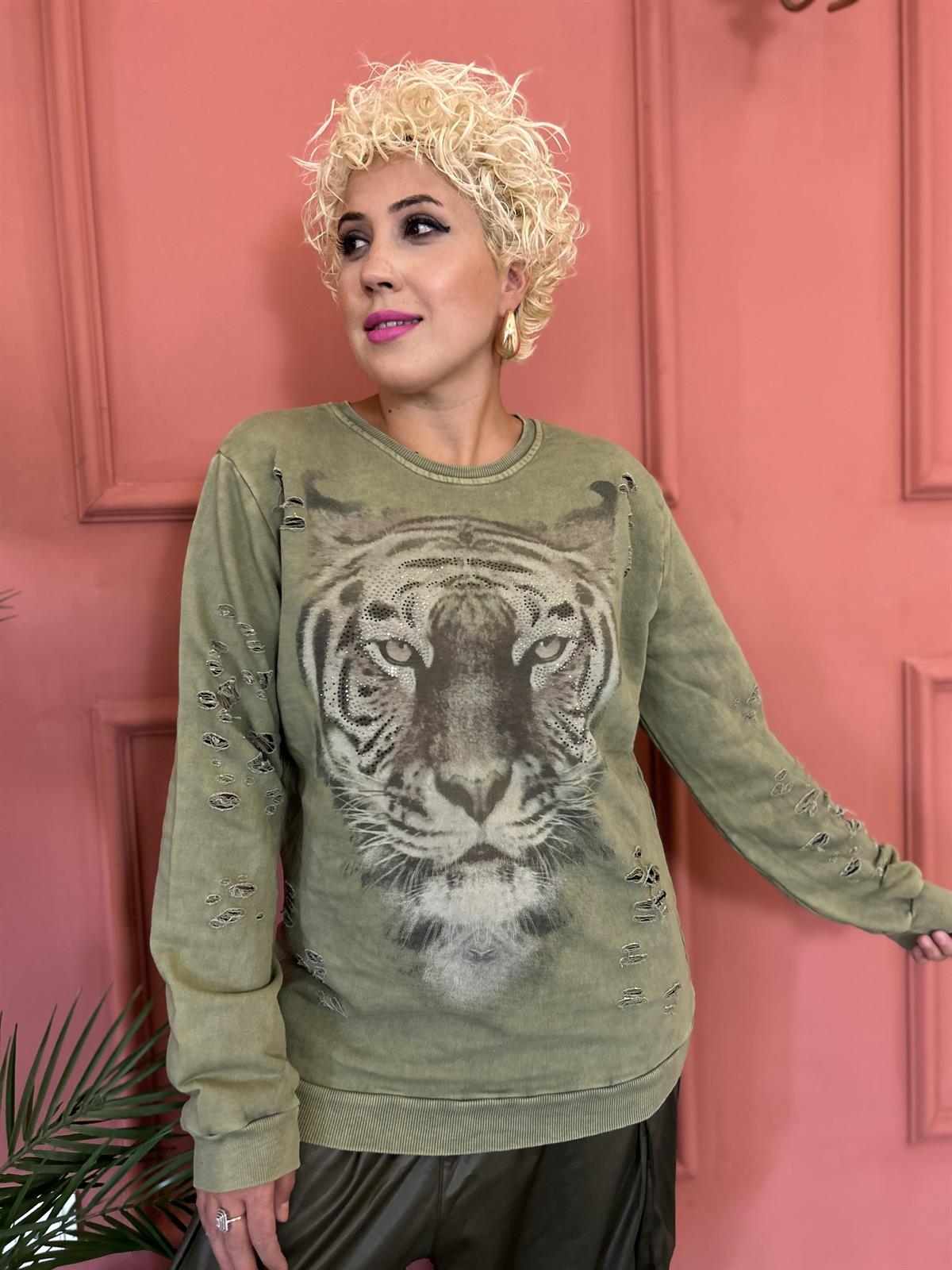 Taş İşlemeli Haki Yeşil Kaplan Tasarım Sweet