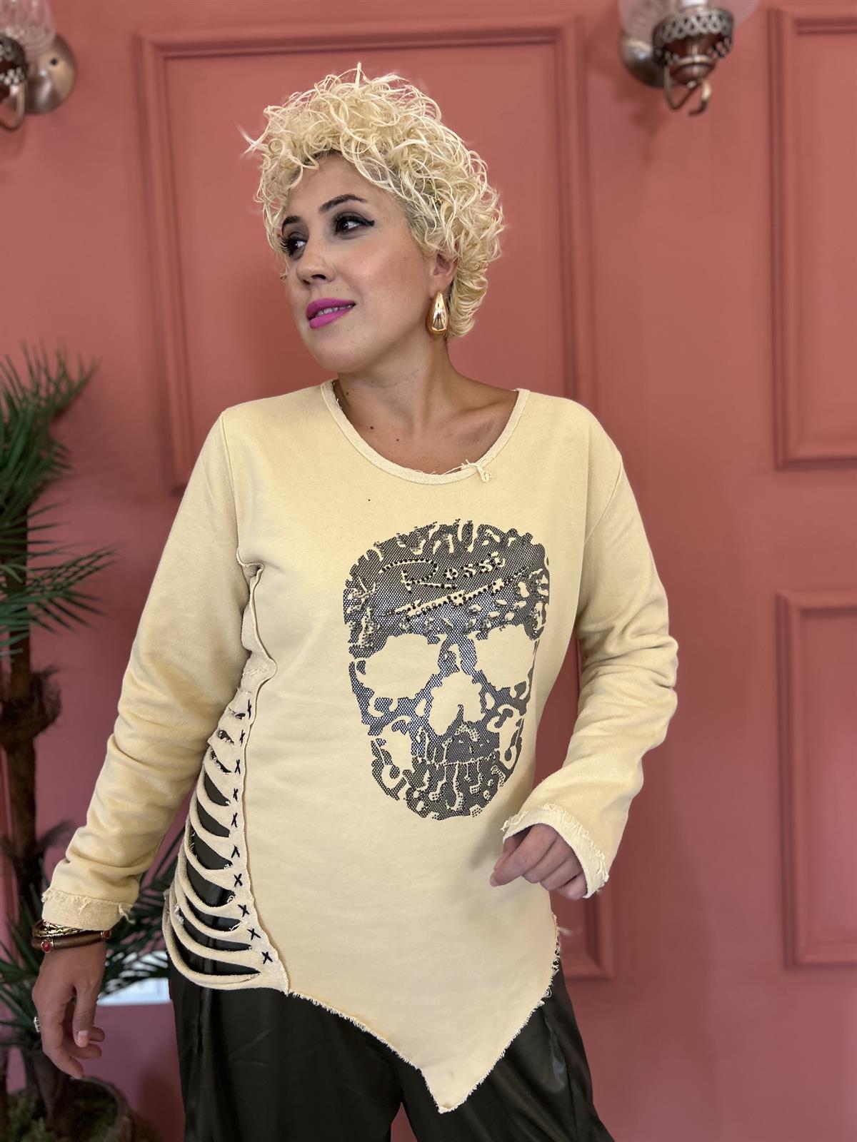 Taş İşlemeli Kuru Kafa Desenli Krem Tasarım Sweet