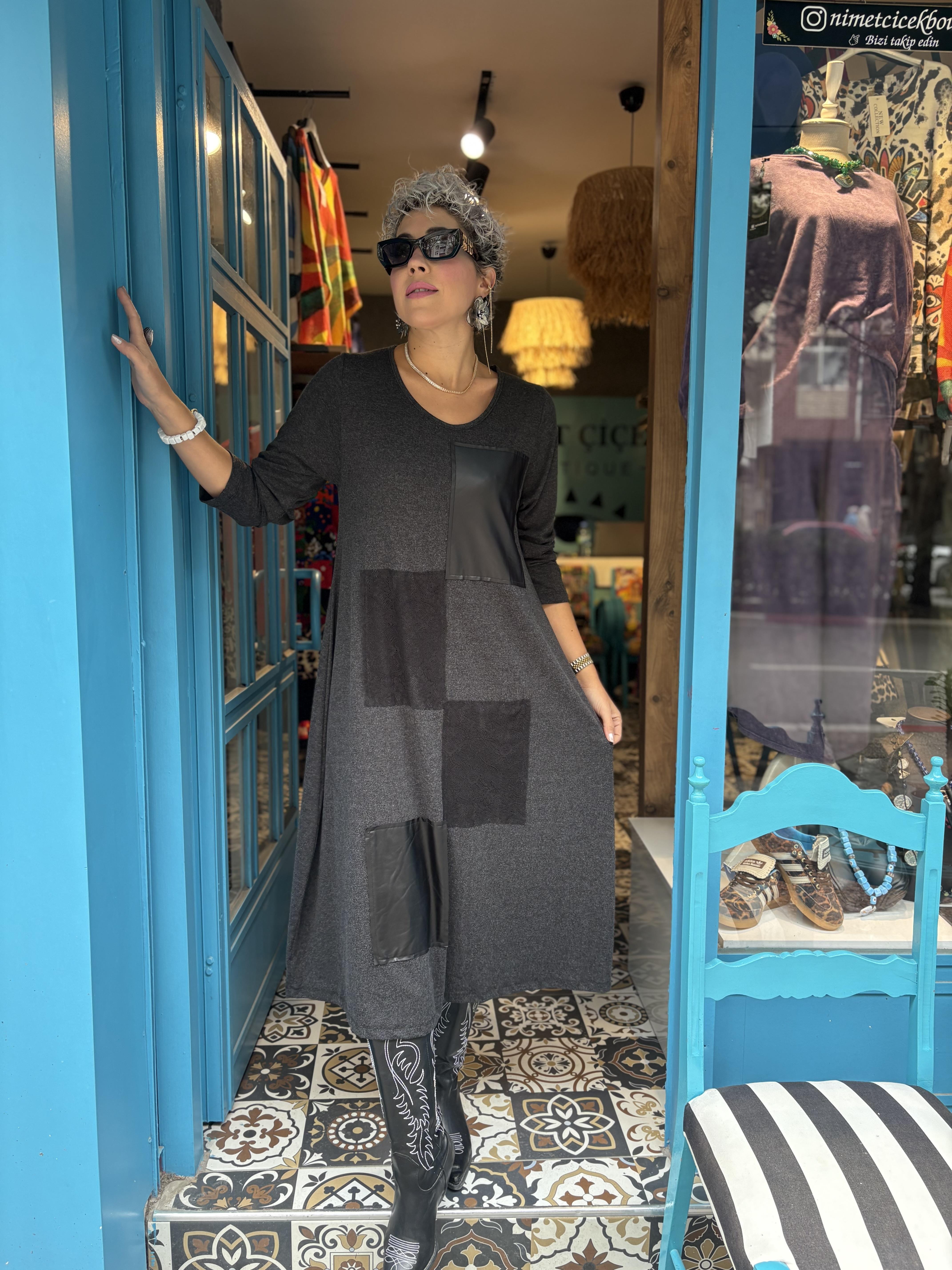 Tasarım Deri Detaylı Antrasit Elbise