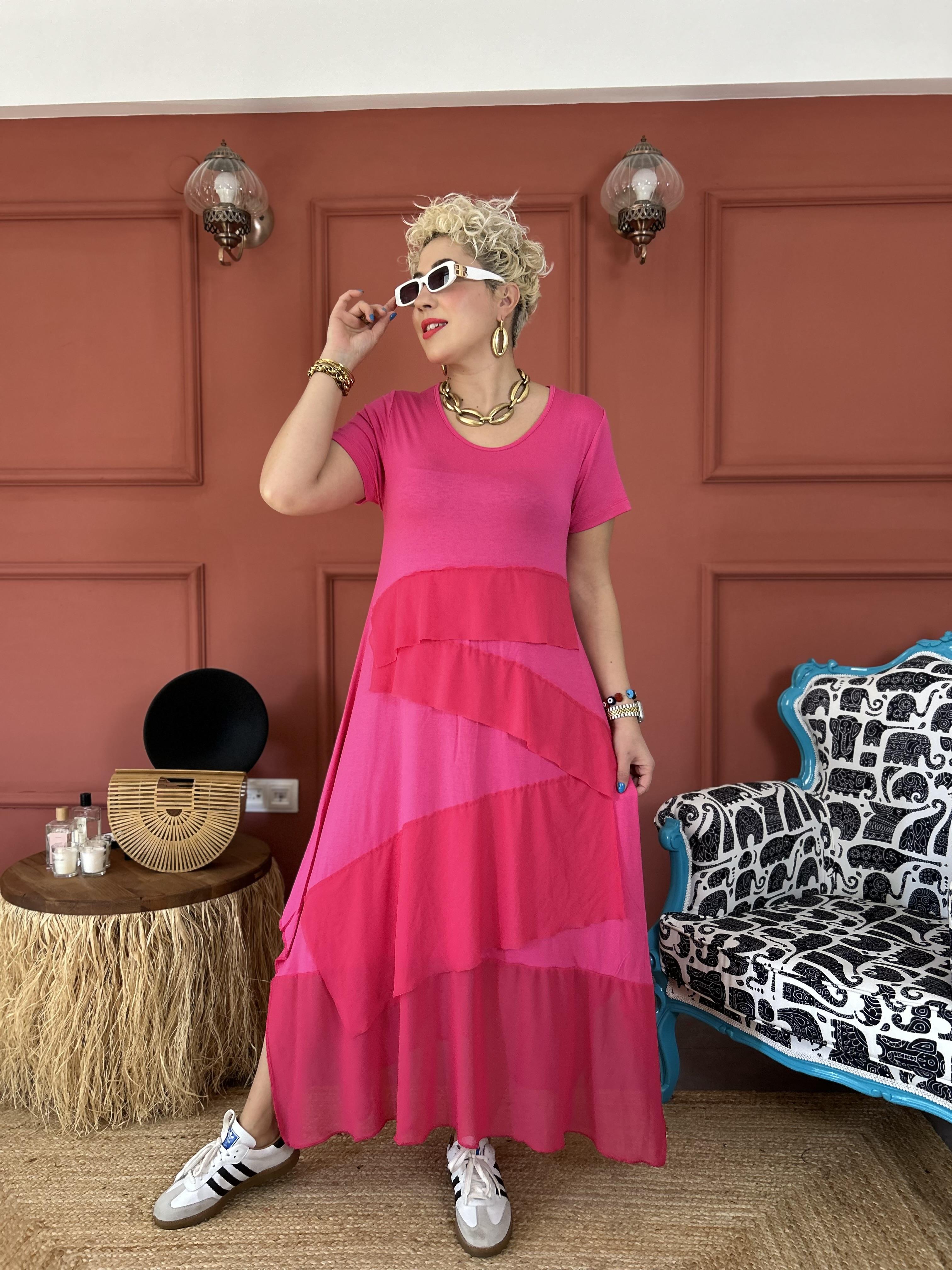 Tül Detaylı Pamuk Penye Pembe Elbise