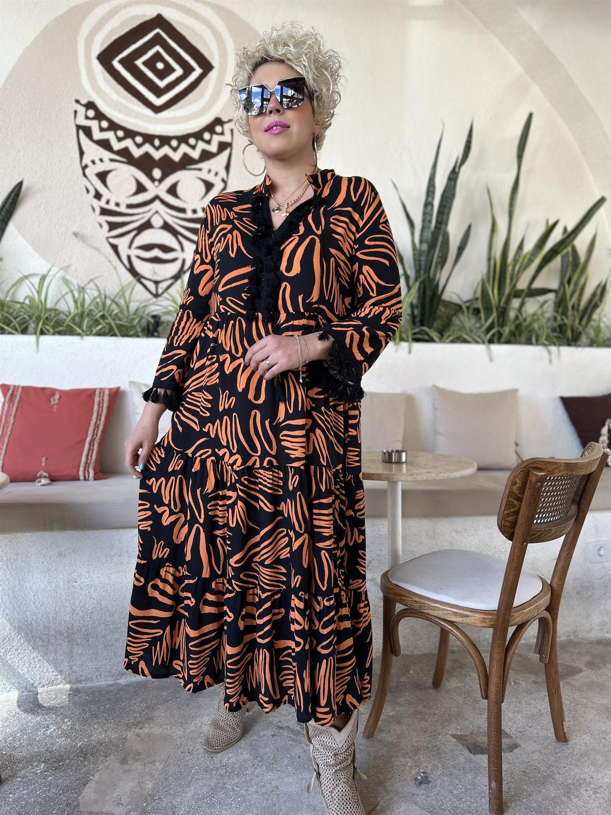 Turuncu Siyah Zebra Desen  Elbise