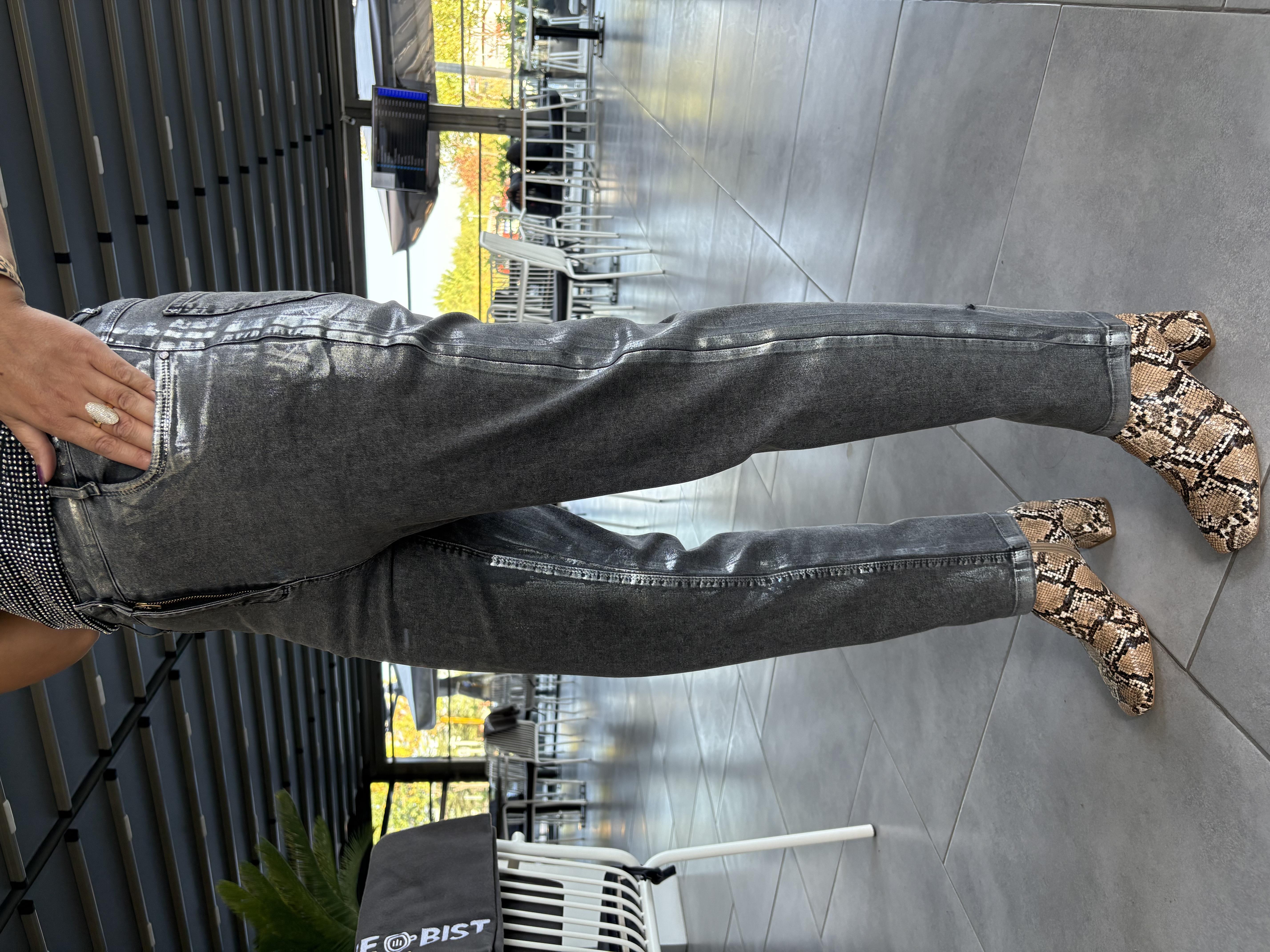 Varaklı Gri İthal Jean Pantolon