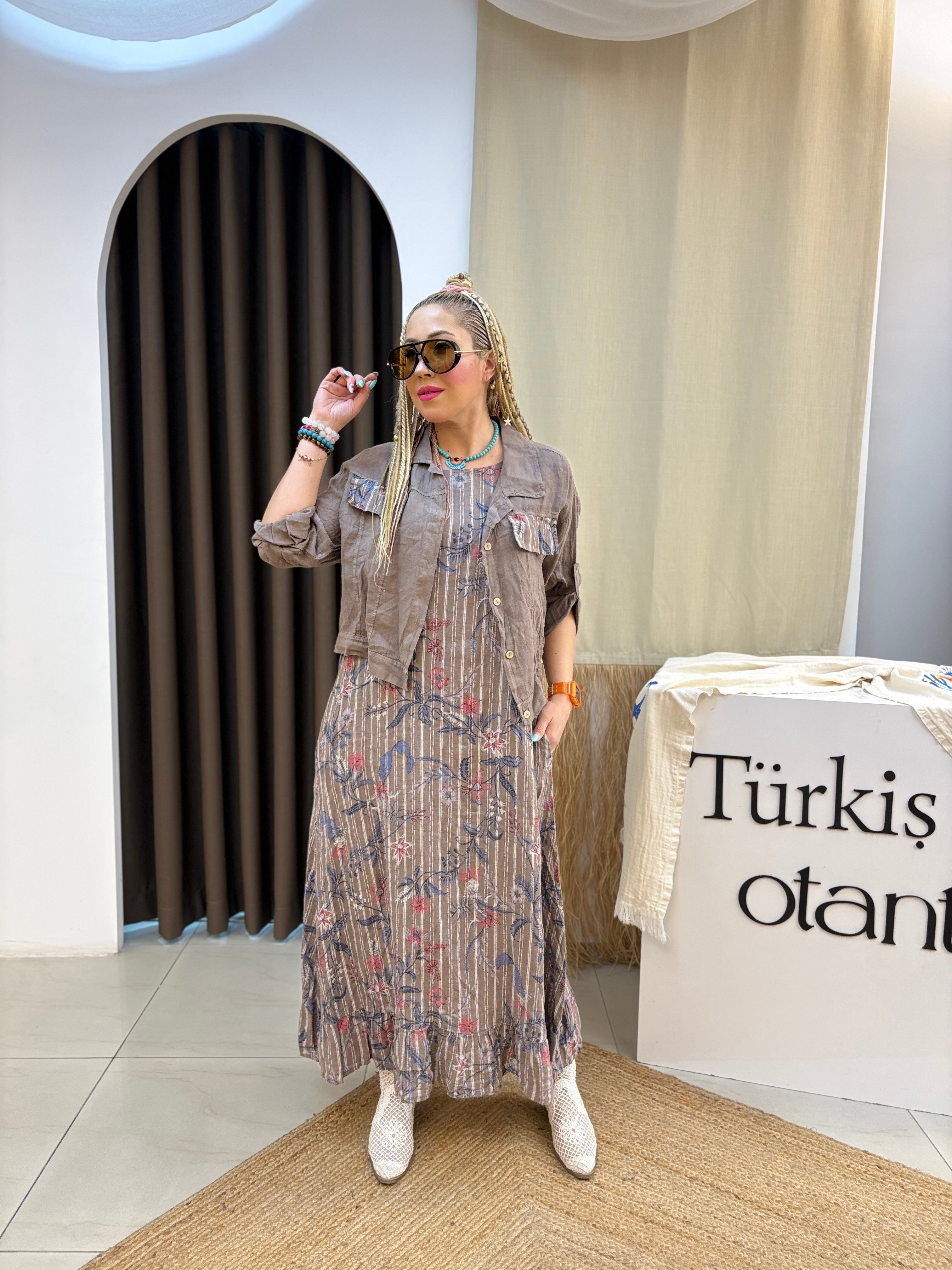 Vizon Ham Keten İtalyan Ceketli Elbise