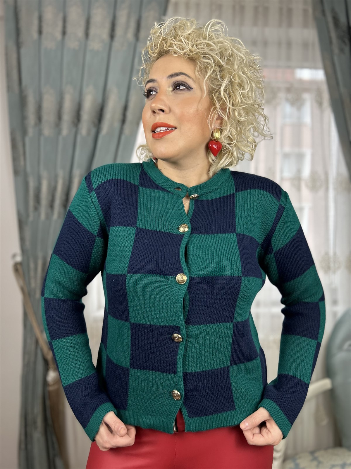 Yeşil Lacivert Dama Desen Düğmeli Ceket