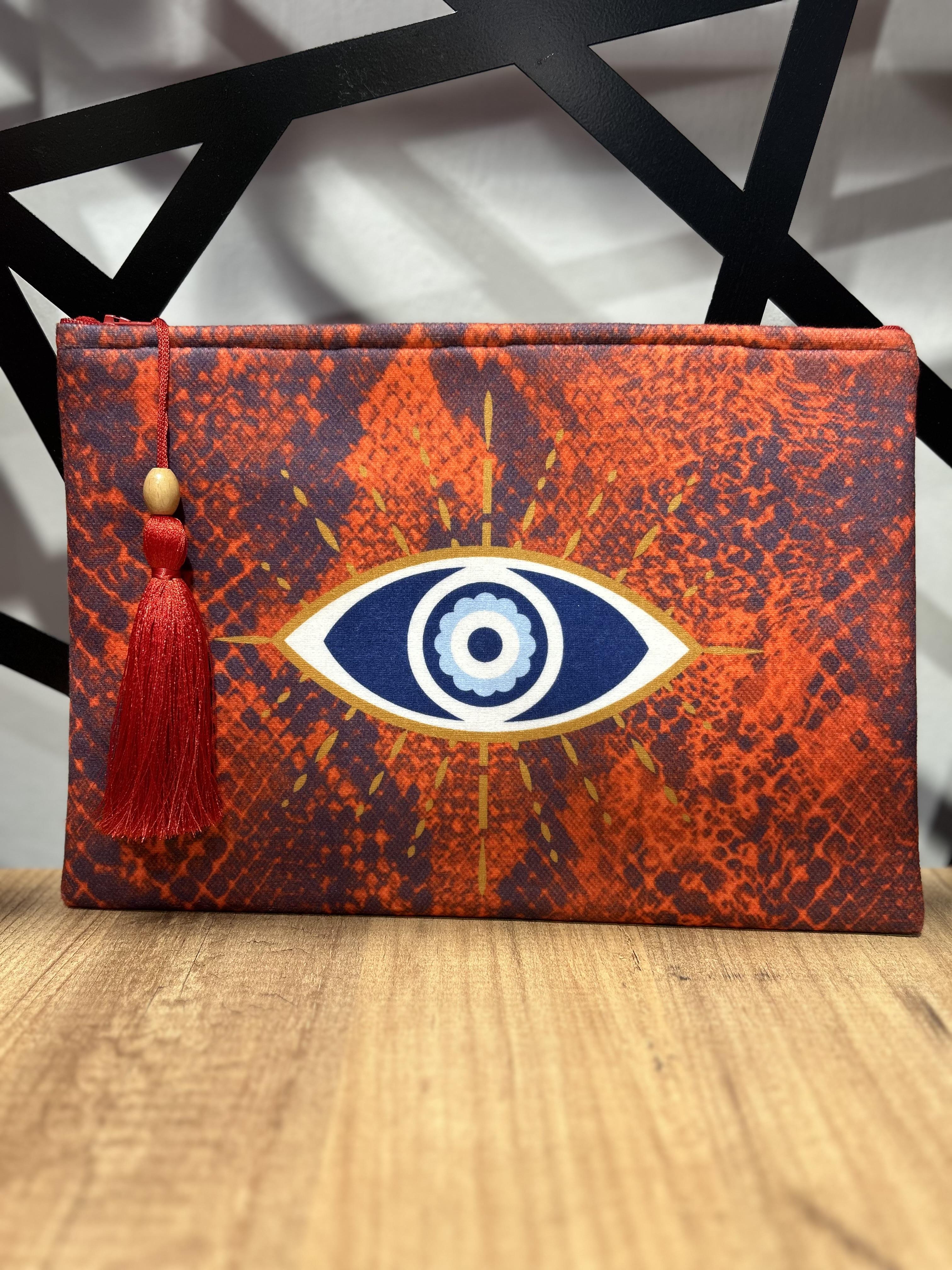 Yılan Derili Göz Detaylı Nar Çiçeği Clutch Çanta