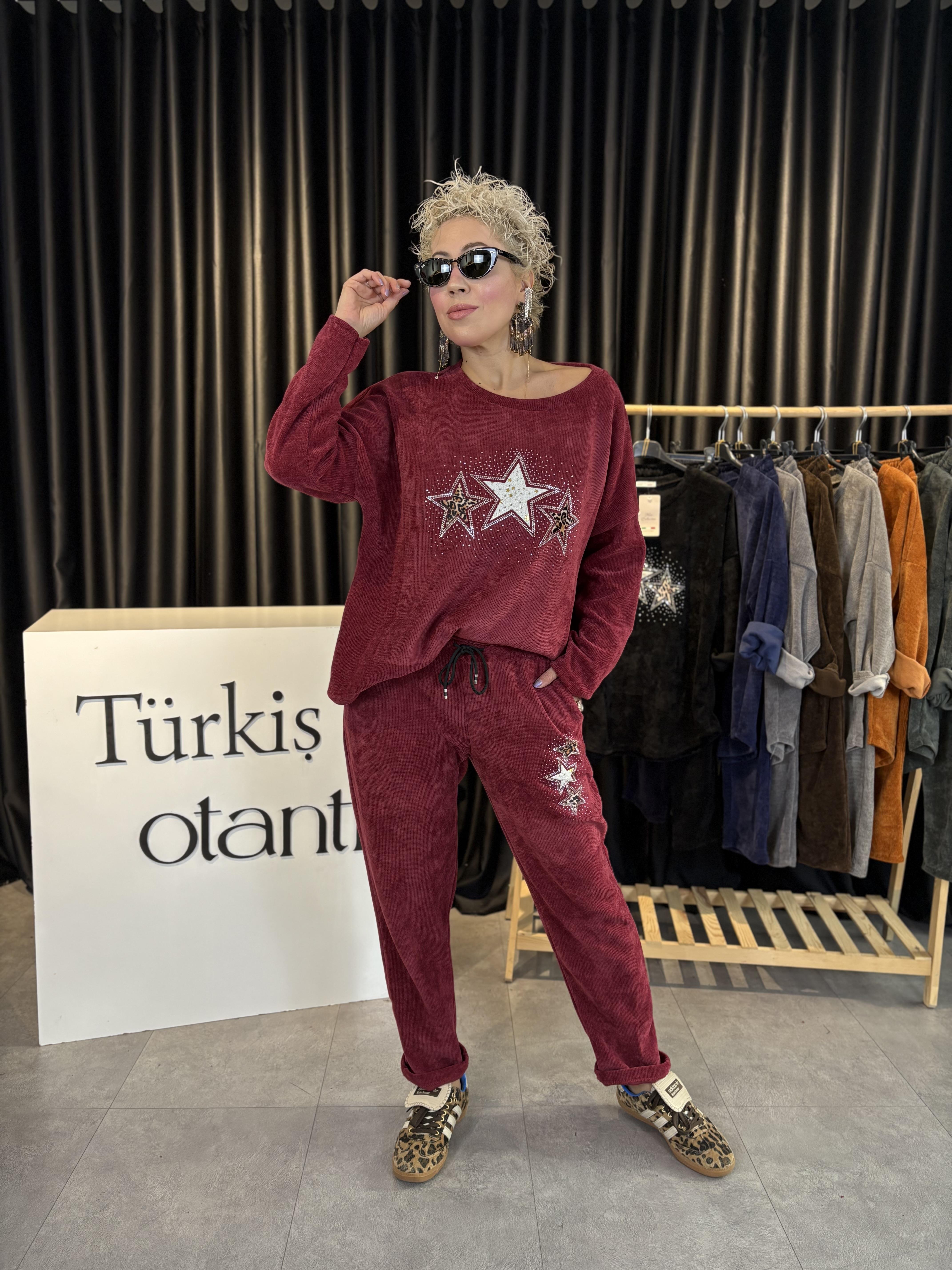 Yıldız Detaylı İtalyan Bordo Kadife Takım