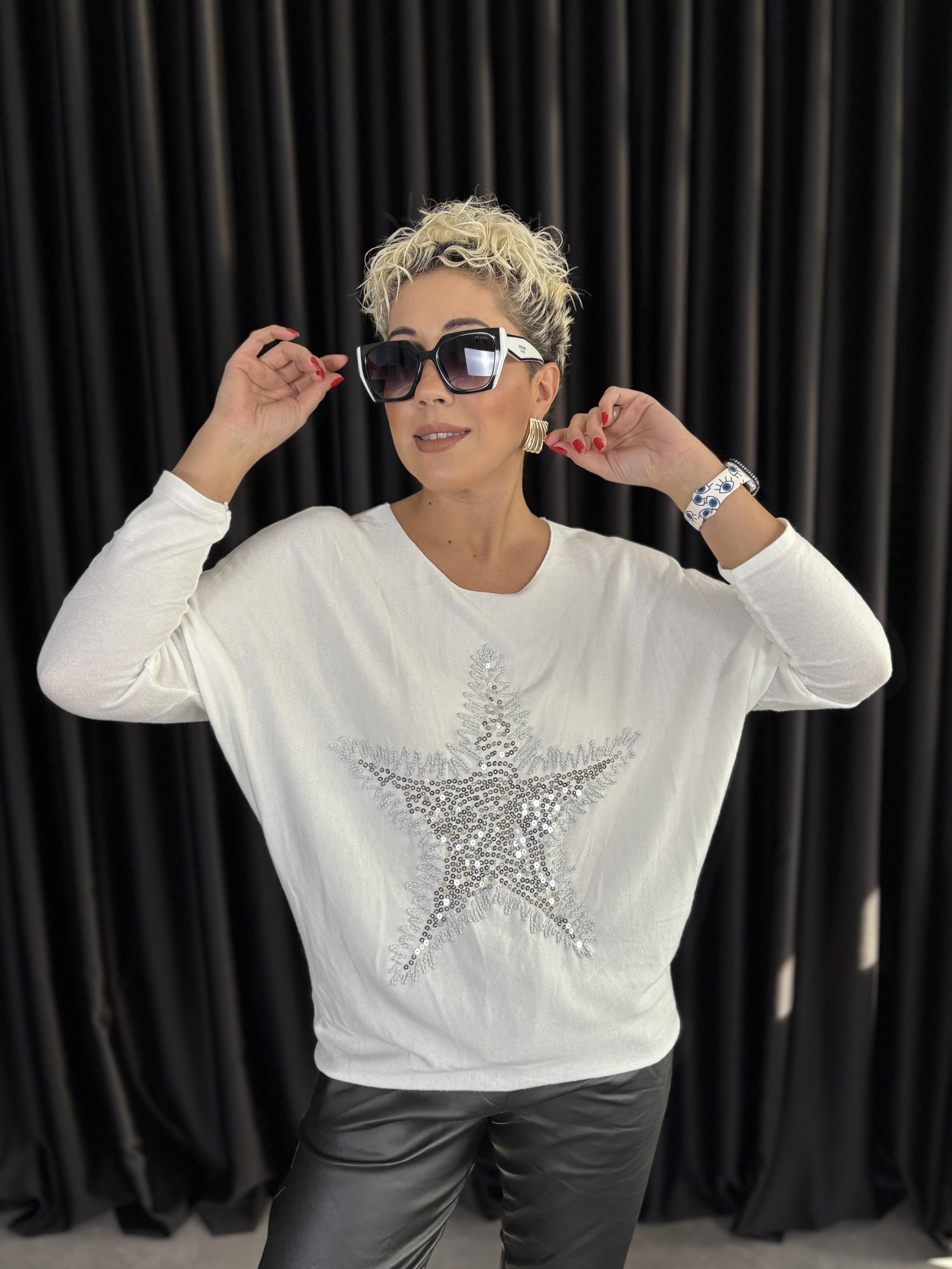 Yıldız Payet İşlemeli İtalyan Beyaz Bluz