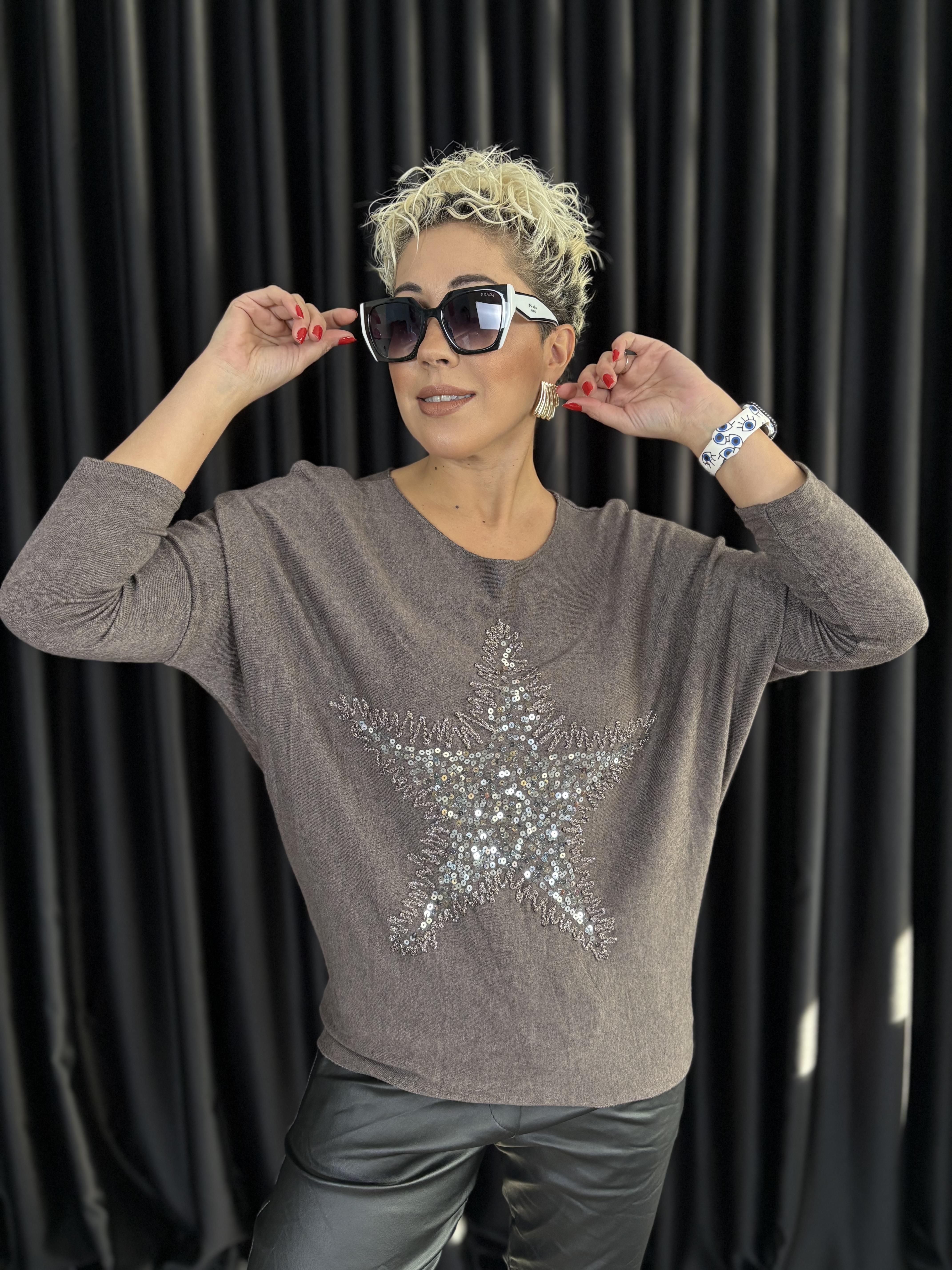 Yıldız Payet İşlemeli İtalyan Kahve Bluz