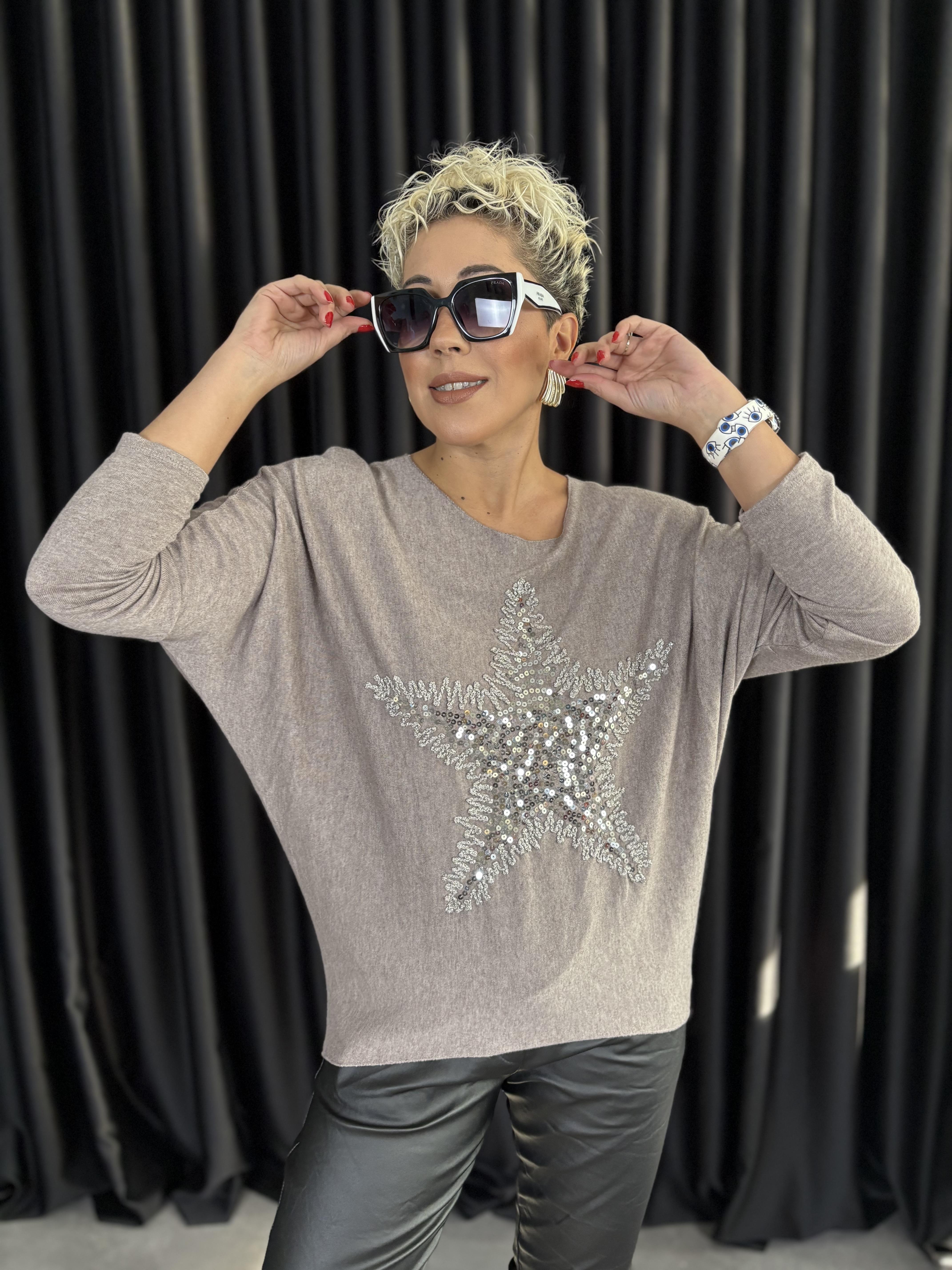 Yıldız Payet İşlemeli İtalyan Vizon Bluz