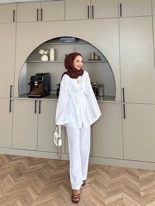 Aisha Keten Pantolonlu Takım Beyaz