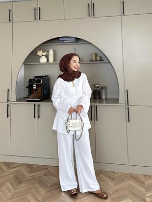 Aisha Keten Pantolonlu Takım Beyaz