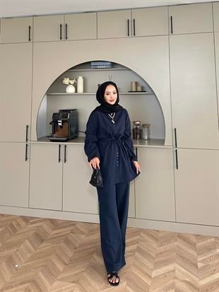 Aisha Keten Pantolonlu Takım Lacivert