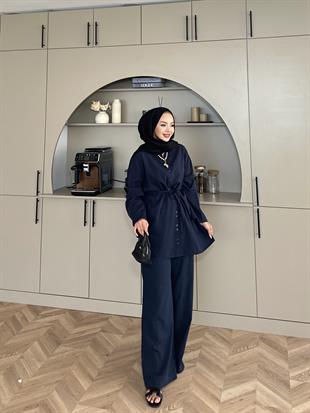 Aisha Keten Pantolonlu Takım Lacivert