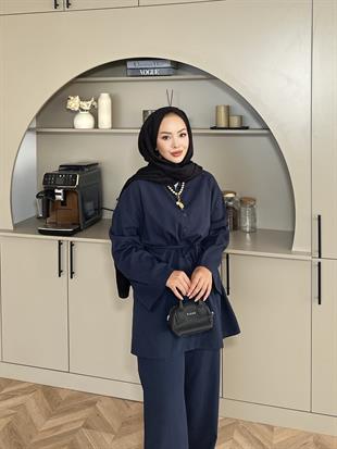 Aisha Keten Pantolonlu Takım Lacivert