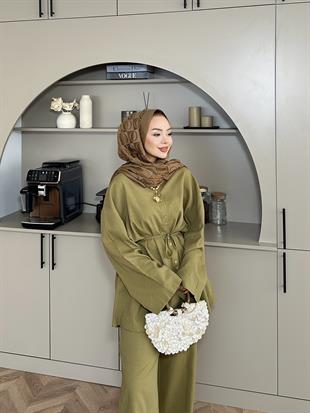 Aisha Keten Pantolonlu Takım Yağ Yeşili