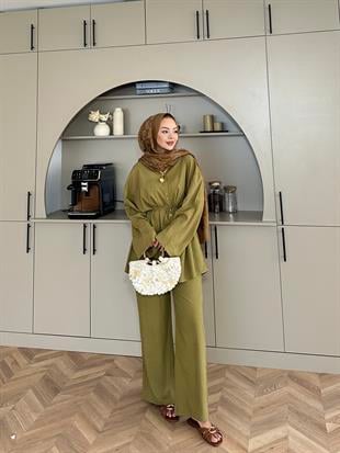 Aisha Keten Pantolonlu Takım Yağ Yeşili