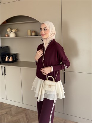 Aksis Fırfır Detaylı Triko Pantolonlu Takım Mürdüm (1143)