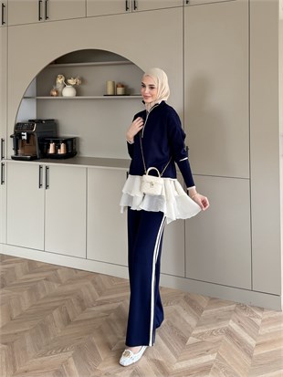 Aksis Fırfır Detaylı Triko Pantolonlu Takım Lacivert (1143)