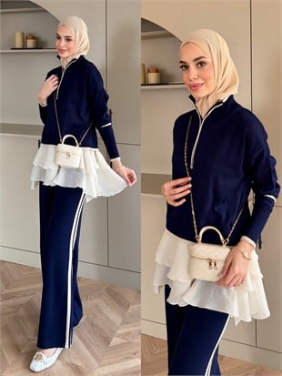 Aksis Fırfır Detaylı Triko Pantolonlu Takım Lacivert (1143)