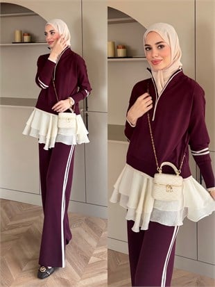 Aksis Fırfır Detaylı Triko Pantolonlu Takım Mürdüm (1143)
